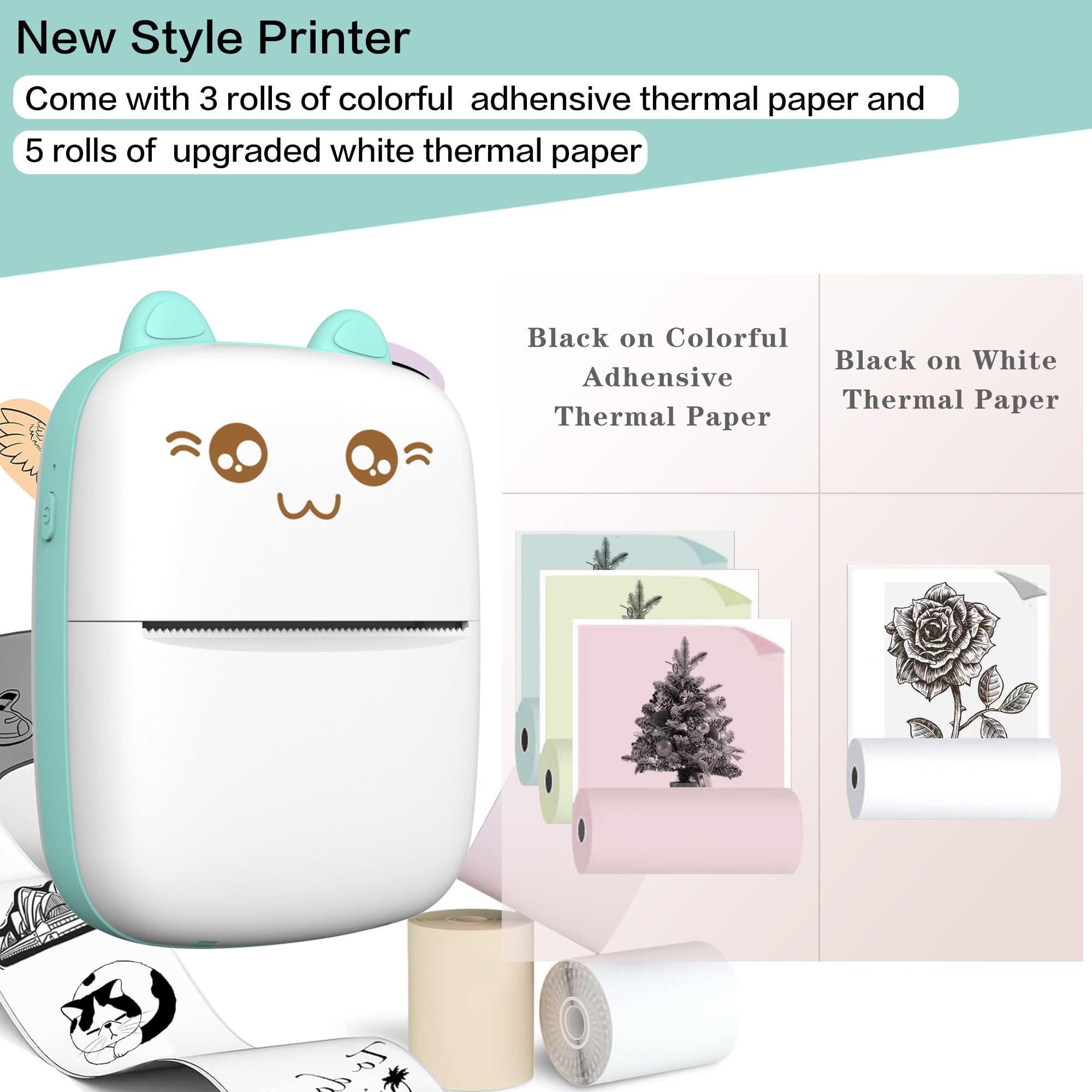 Portable Mini Thermal Printer - Bluetooth Wireless Inkless Sticker Printer with 8 Rolls Paper, Compatible with iOS & Android for Journaling, Memos, Photos - Perfect for Kids, Girls, DIY Crafts, School Projects & Party Favors