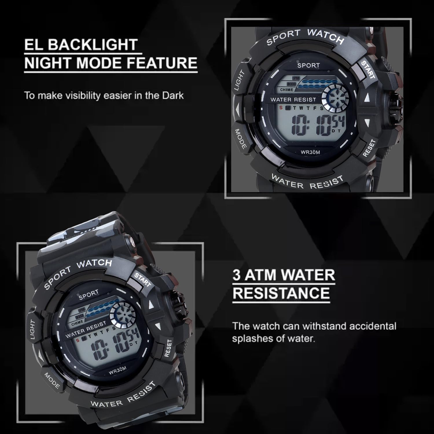 Waterproof Shockproof Chronograph Watch with LED Light - Durable Round Dial for Outdoor Sports, Running, Hiking & Adventure Activities
