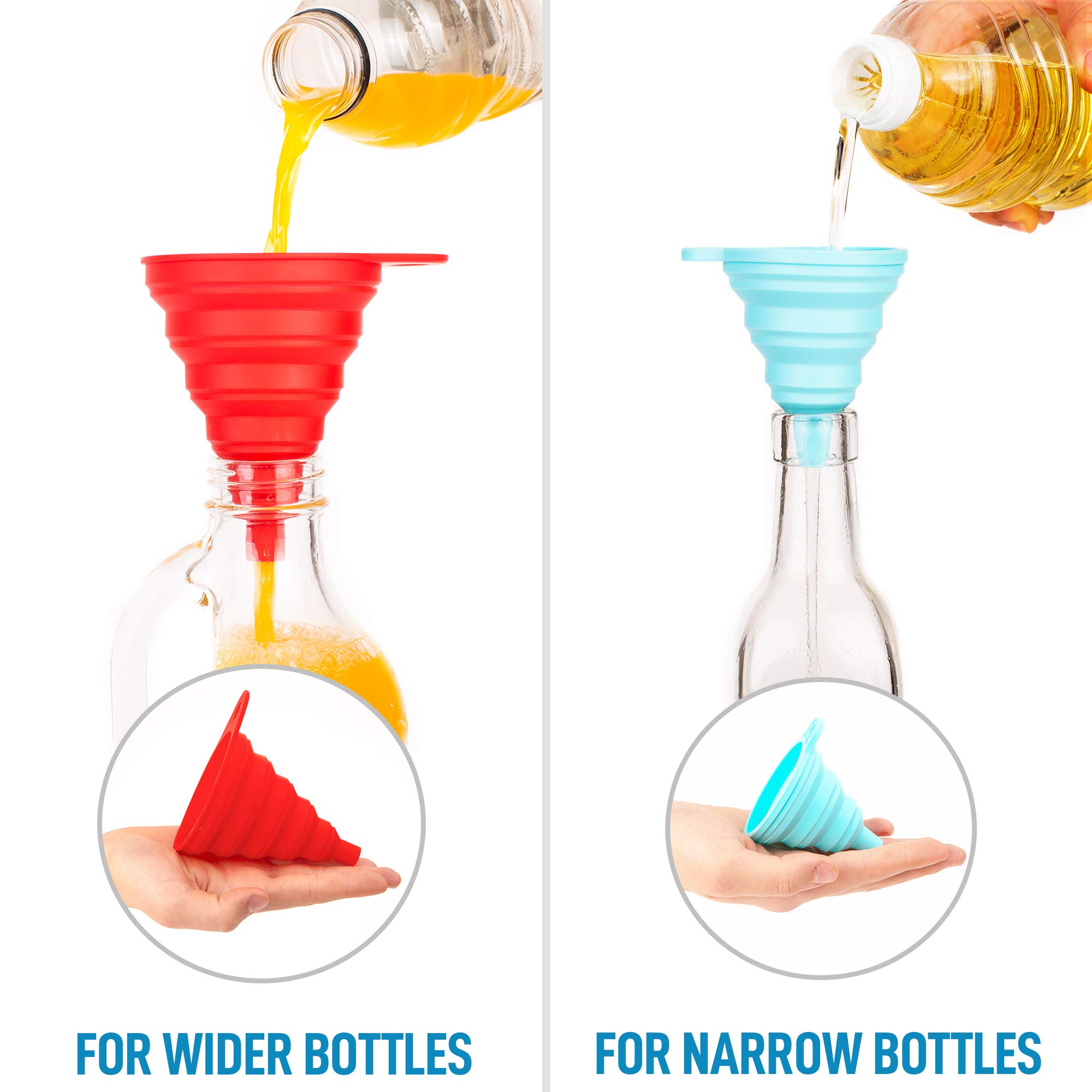 Zulay Premium Silicone Funnel Set of 4 (2 Small + 2 Large) - Collapsible Space Saving Kitchen Funnels with Narrow Mouth for Liquids, Oils, Sauces - Flexible & Durable for Bottle Filling, Baking, Canning, Home Brewing & DIY Projects