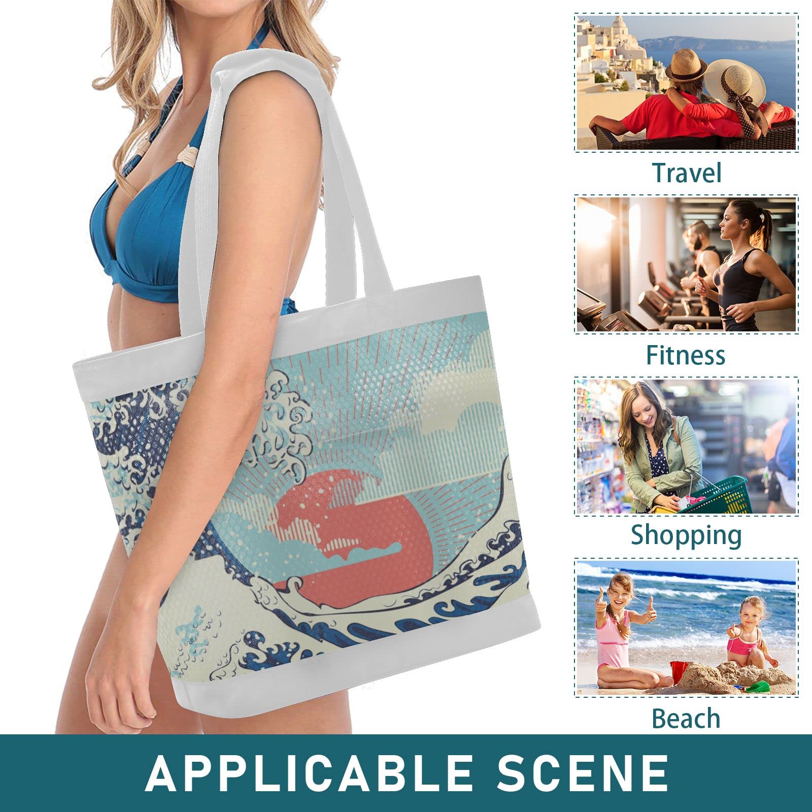 J JOYSAY Stormy Ocean Mesh Beach Tote Bag - Large Waterproof Reusable Grocery Tote for Women - Perfect for Beach, Work, Training, Hiking & Shopping