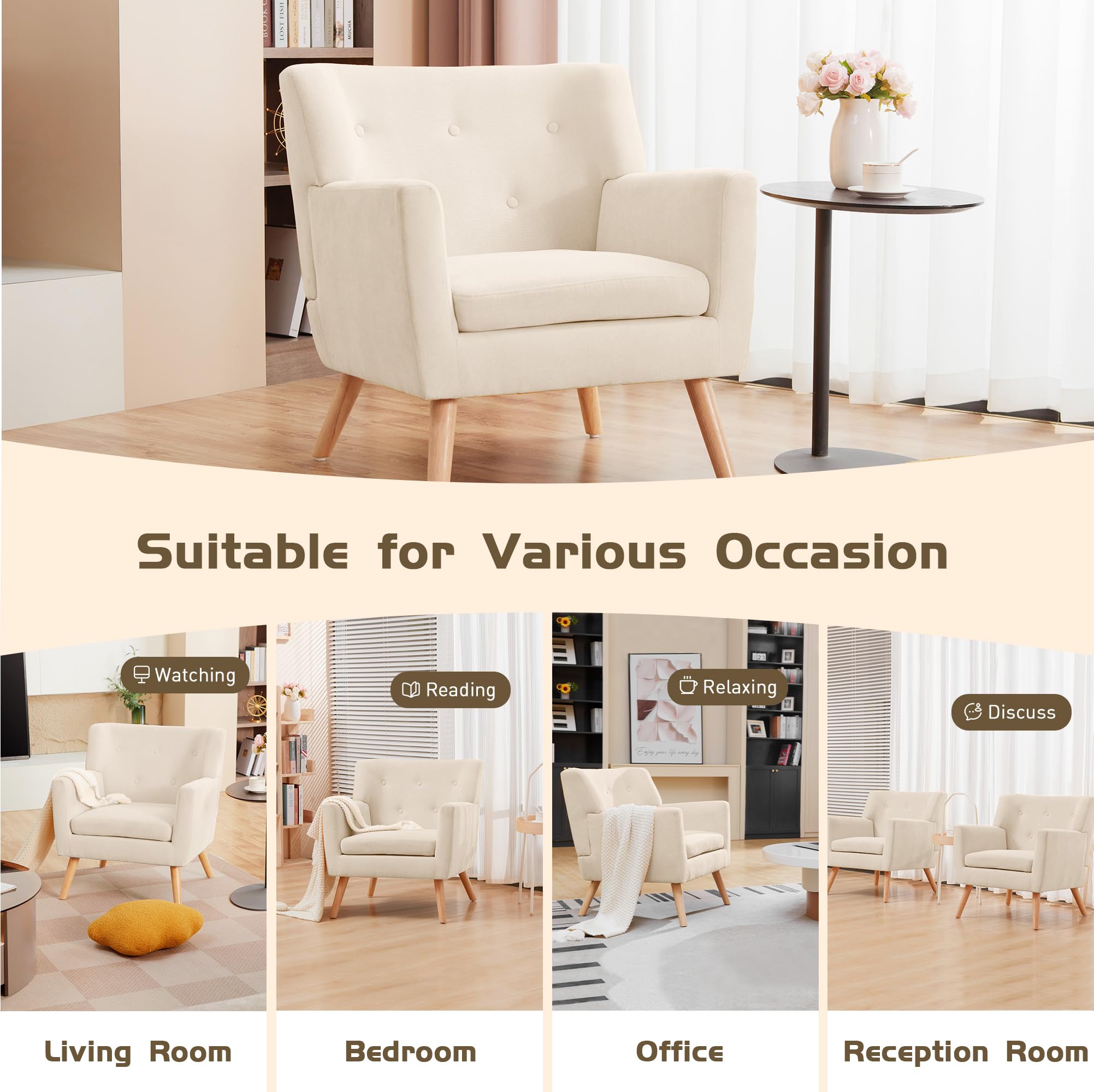 Prilinex Mid-Century Modern Accent Chair - Button Tufted Upholstered Armchair with Cushion, Comfortable Fabric Living Room & Bedroom Chair in Beige | Perfect for Reading Nooks, Lounge Areas & Waiting Rooms