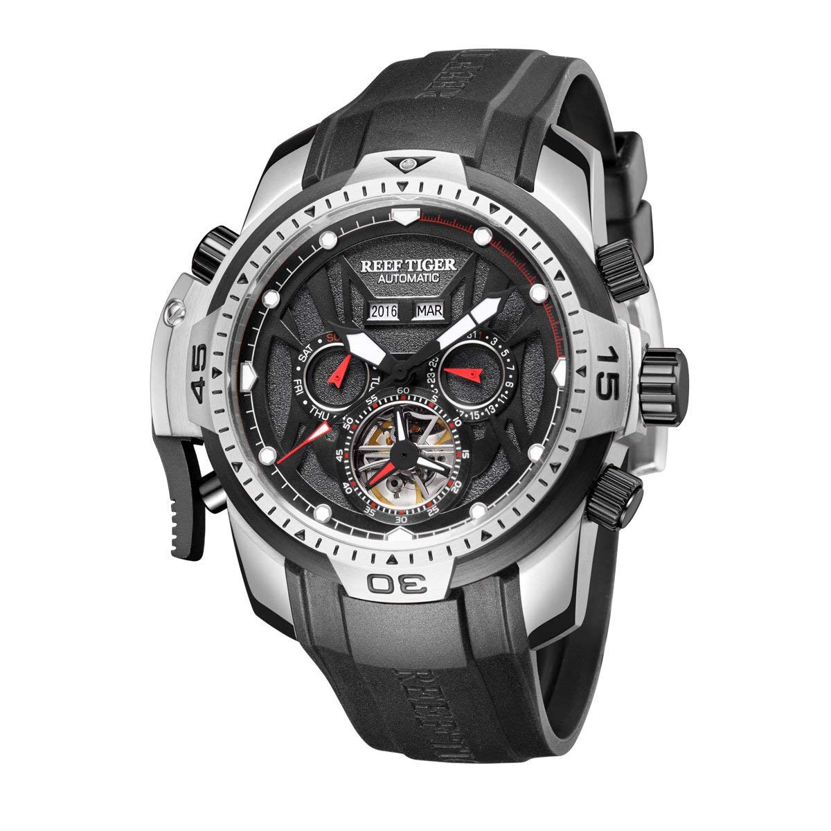 REEF TIGER Men's Military Sport Watch - Stainless Steel Case with Durable Rubber Strap, Waterproof Analog Quartz Watch RGA3532 - Perfect for Outdoor Adventures, Hiking & Daily Wear