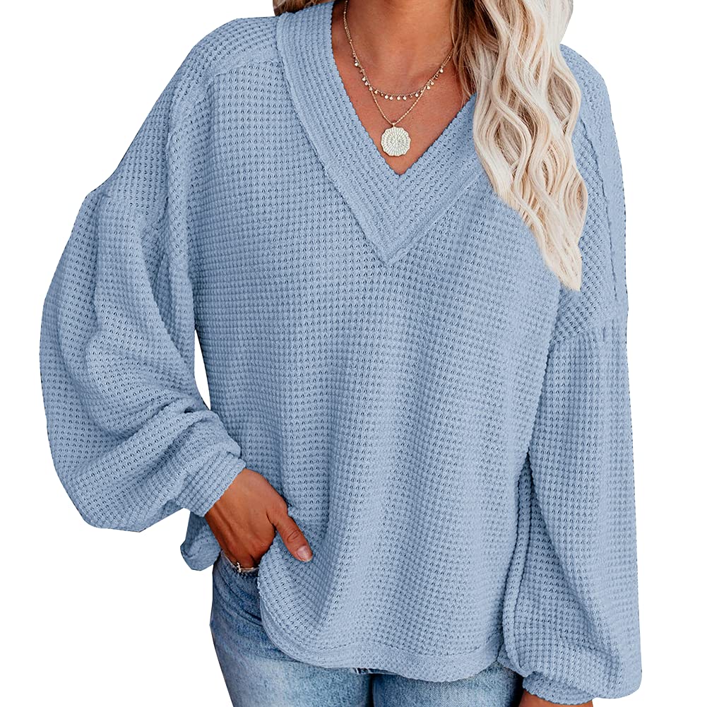 Kayamiya Women's Oversized V-Neck Off Shoulder Long Sleeve Waffle Knit Pullover Sweater - Casual Loose Fit Tunic Top for Fall & Winter, Coffee Dates, Office Wear & Weekend Outfits