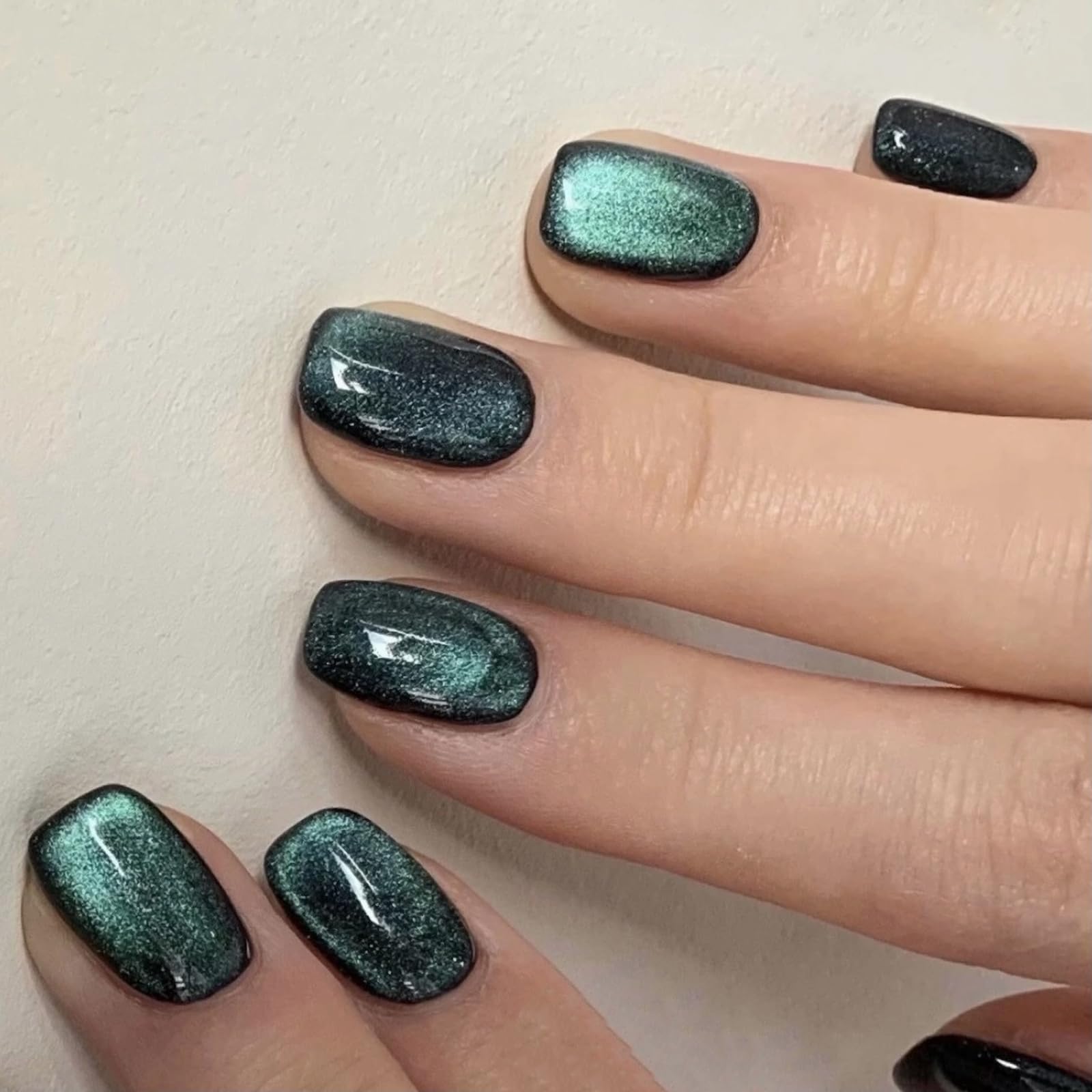 MISUD Short Square Press on Fake Nails - 24pcs Glossy Glue on Chrome Cat Eye Acrylic Nails with Green Starry Sky Design for Women, Perfect for Parties, Weddings & Special Occasions