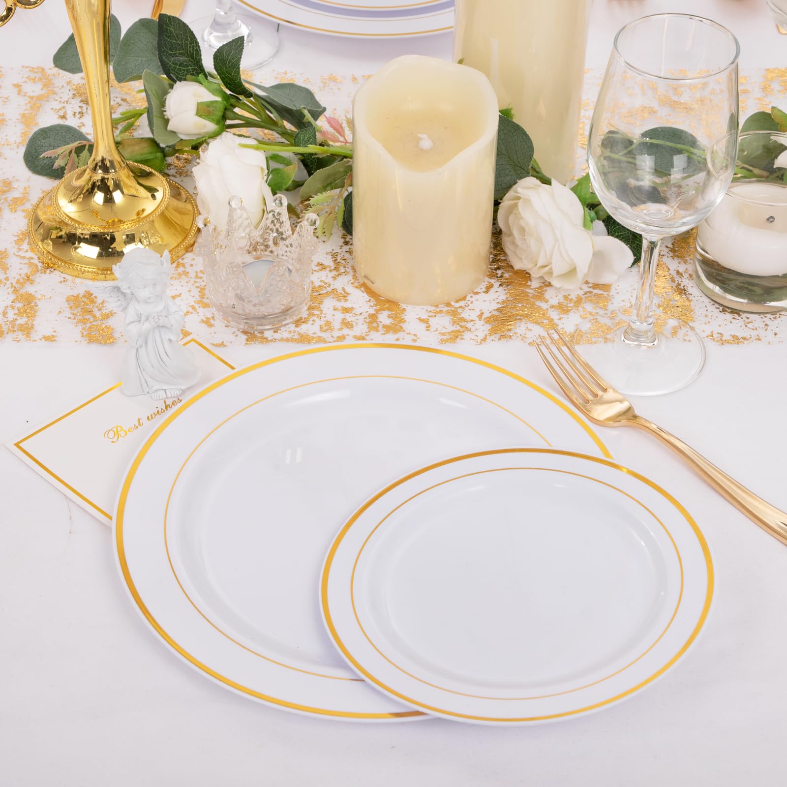 DaYammi 250-Piece Gold Plastic Dinnerware Set - 50 Gold Rim Dinner Plates, 50 Salad Plates, 50 Plastic Silverware Sets - Elegant Disposable Tableware for Weddings, Parties, Banquets & Special Events