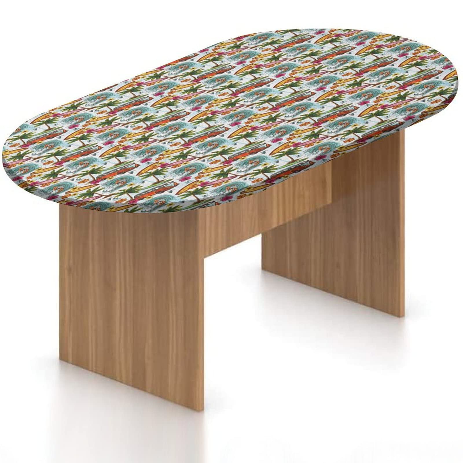 Waterproof Oval Fitted Patio Table Cover - Vintage Surf & Flower Print Polyester Tablecloth with Elastic Edges - Decorative Outdoor Table Protector for 36x60 Inch Oval Tables - Perfect for Beach House, Garden & Backyard Dining