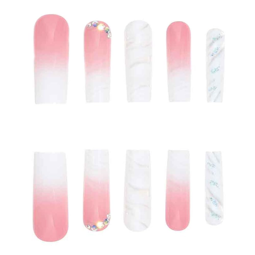 Ombre Pink White Press on Nails Long Square - Glitter Fake Nails with Rhinestones Design - Full Cover Acrylic Artificial Stick on Nails for Women & Girls - 24Pcs - Perfect for Wedding, Party, and Special Occasions