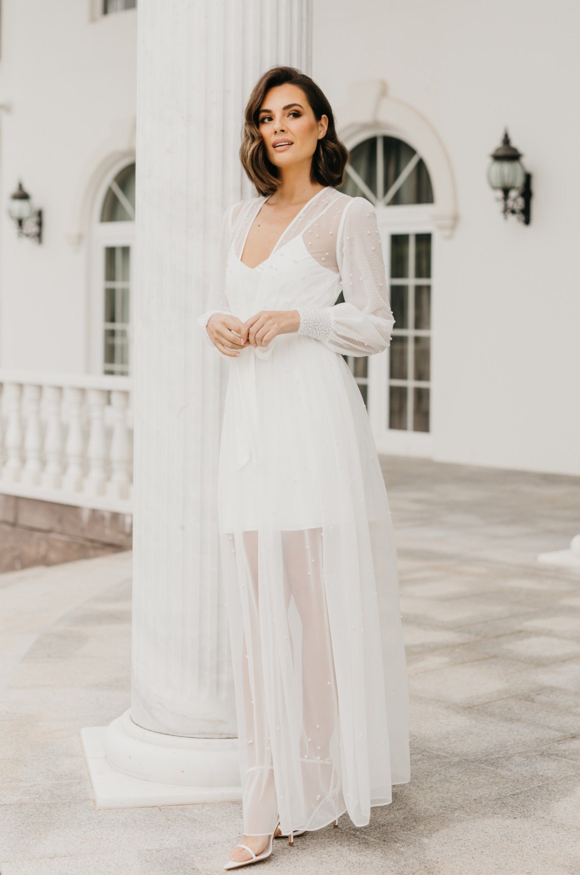 Elegant Ivy Hand-Beaded Pearl Mesh Maxi Dress with Slip - Perfect for Weddings, Parties & Special Occasions