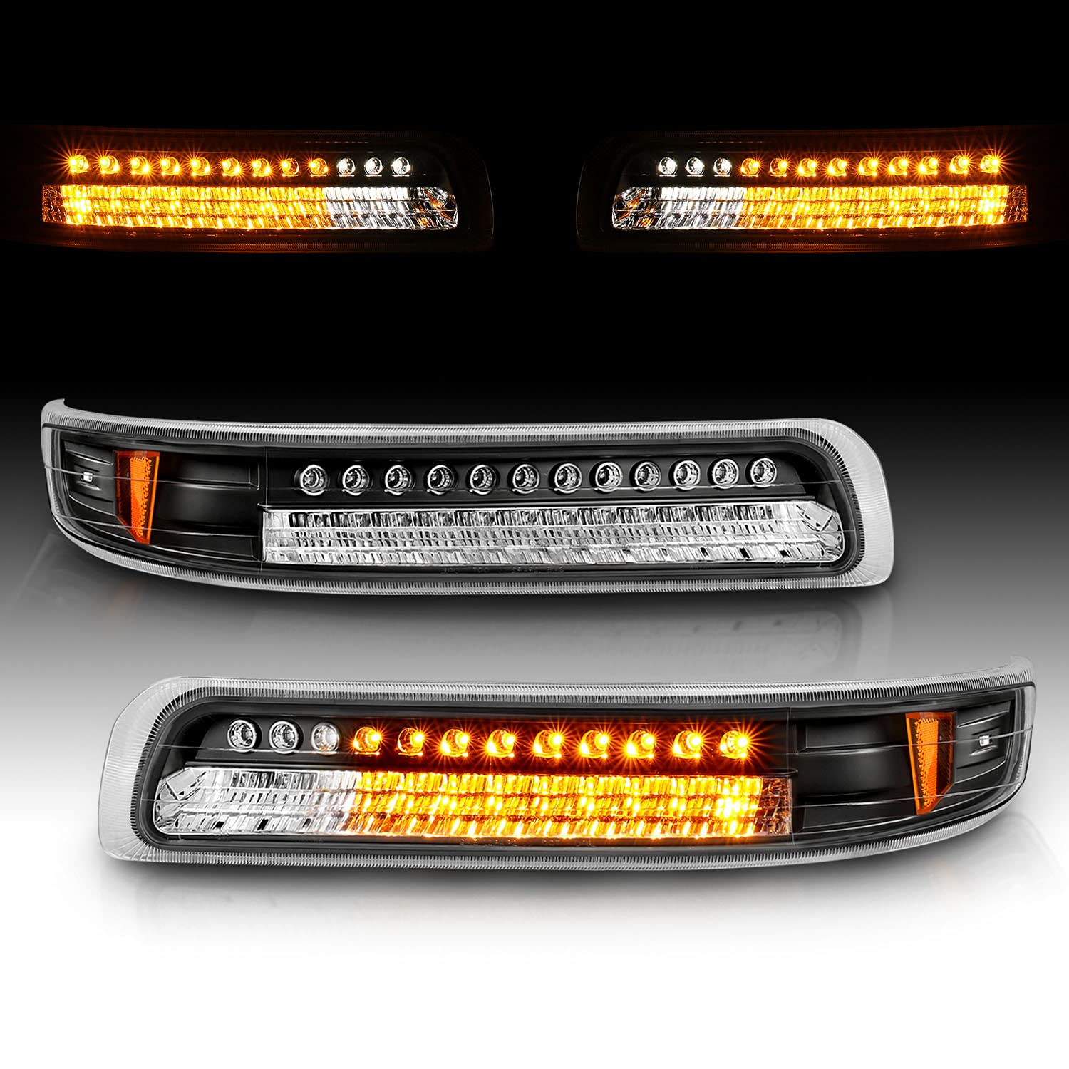 AmeriLite Black Replacement Parking Turn Signal Lights Set for Chevy Silverado, Suburban, Tahoe - Left & Right Side - Compatible with 2007-2018 Models - Durable LED Lights for Improved Visibility & Safety (Perfect for Night Driving and Off-Road Adventures)