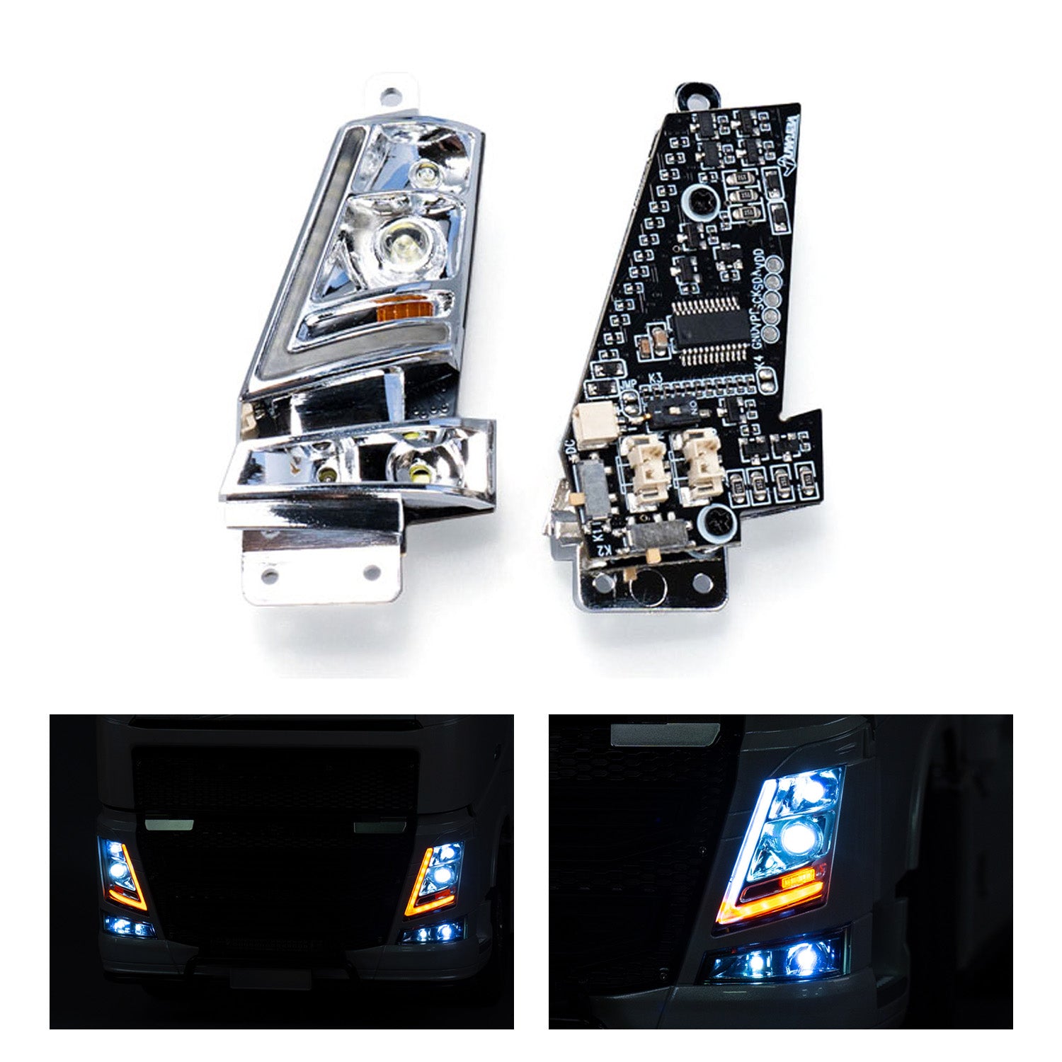 1/14 Scale DIY Plastic Head Lamp with Flowing Water Light for Tamiya RC Tractor Truck FH16 XL750 56360 56362 - Perfect for RC Lorry Front Bumper Rack & Nighttime Off-Road Racing