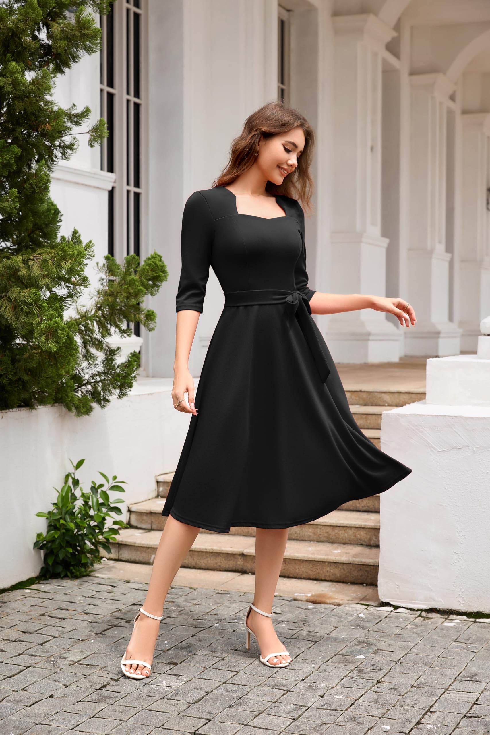 Elegant Women's Formal Cocktail Dress with Flared A-Line Skirt & 3/4 Sleeves - Perfect for Weddings, Prom, Church & Tea Party Events