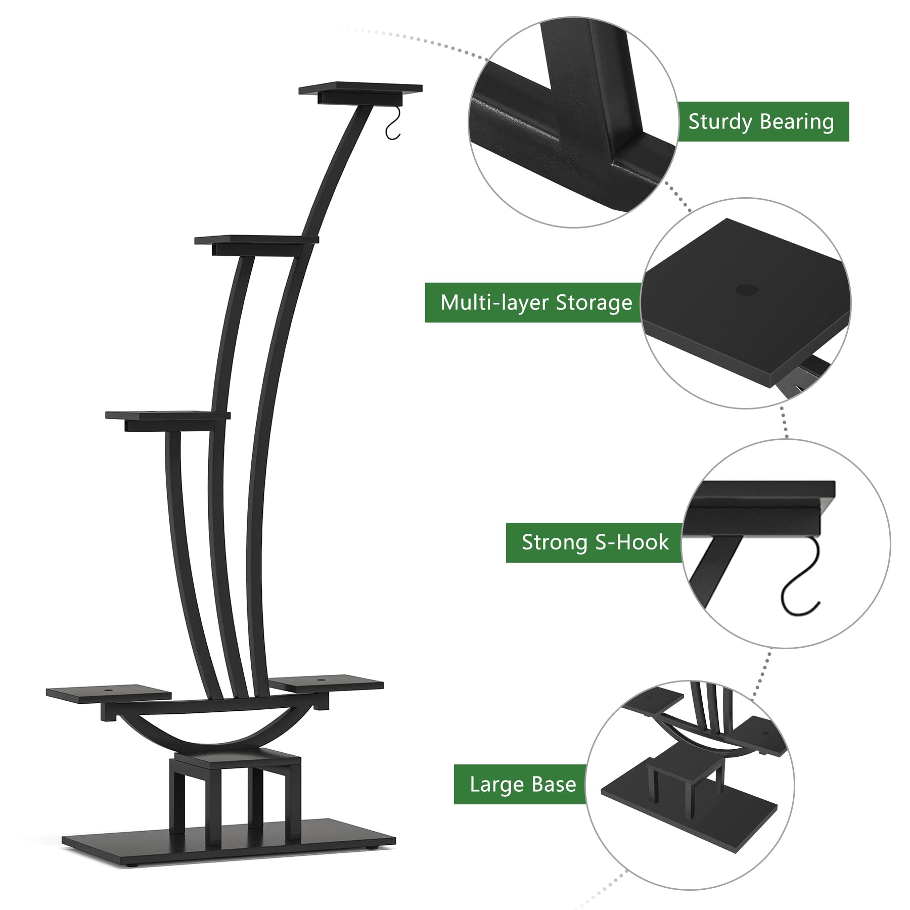 Tribesigns 6-Tier Tall Indoor Plant Stand - Set of 2 Black Metal Curved Display Shelves with Hanging Hooks - Multi-Purpose Bonsai & Flower Pot Rack for Living Room, Garden, Balcony Decor - Perfect for Small Space Plant Organization & Home Decor Display