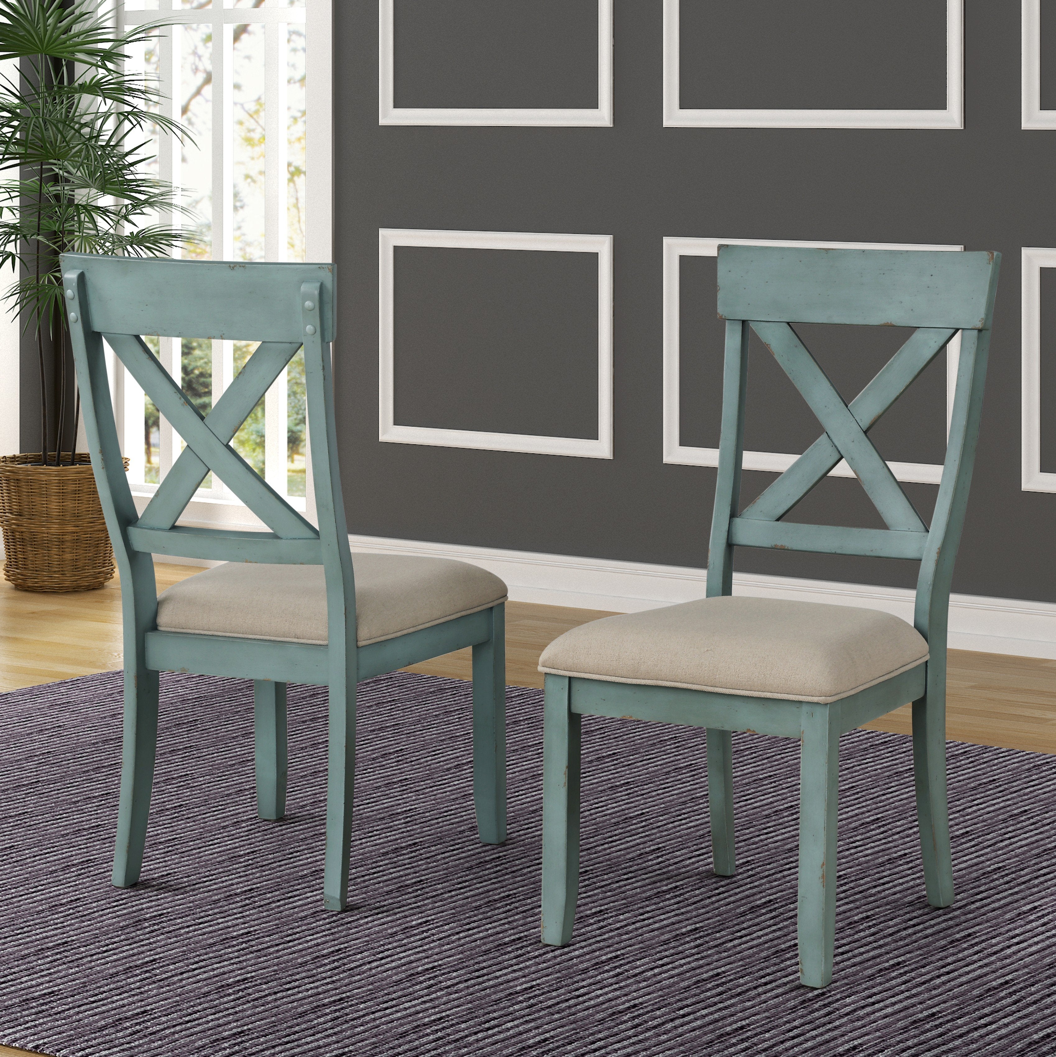 Roundhill Furniture Prato Two-Tone Wood Cross Back Upholstered Dining Chairs Set of 2 - Modern Farmhouse Kitchen & Dining Room Seating for Home & Restaurant
