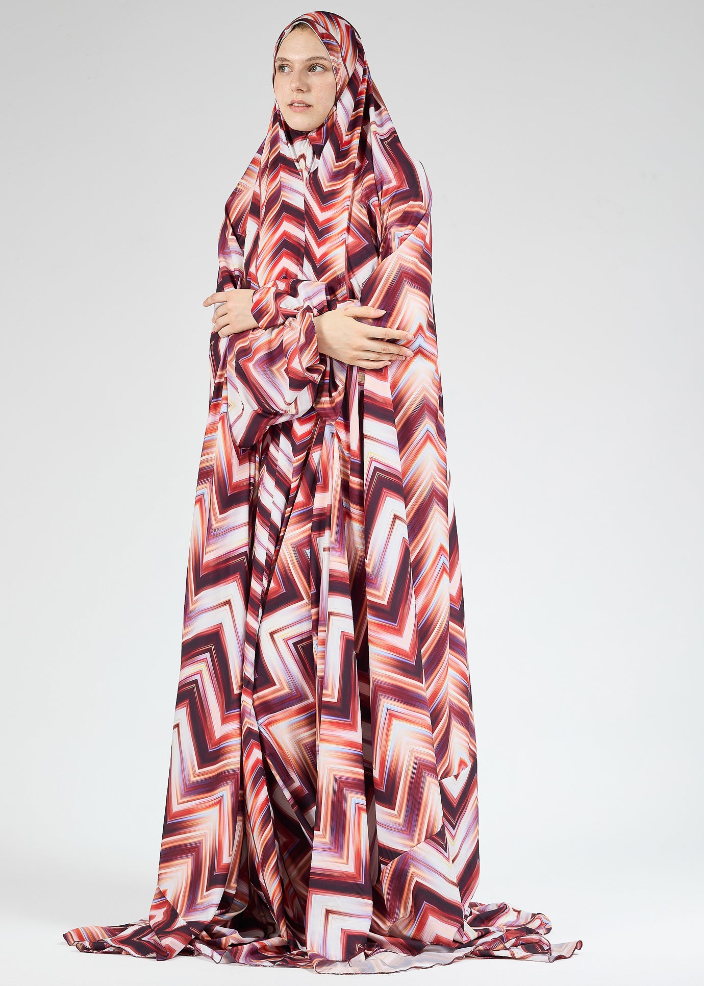 Faten Chevron Satin Prayer Gown with Elastic Cuffs - Comfortable Islamic Prayer Dress for Women, Perfect for Salah, Mosque & Home Worship