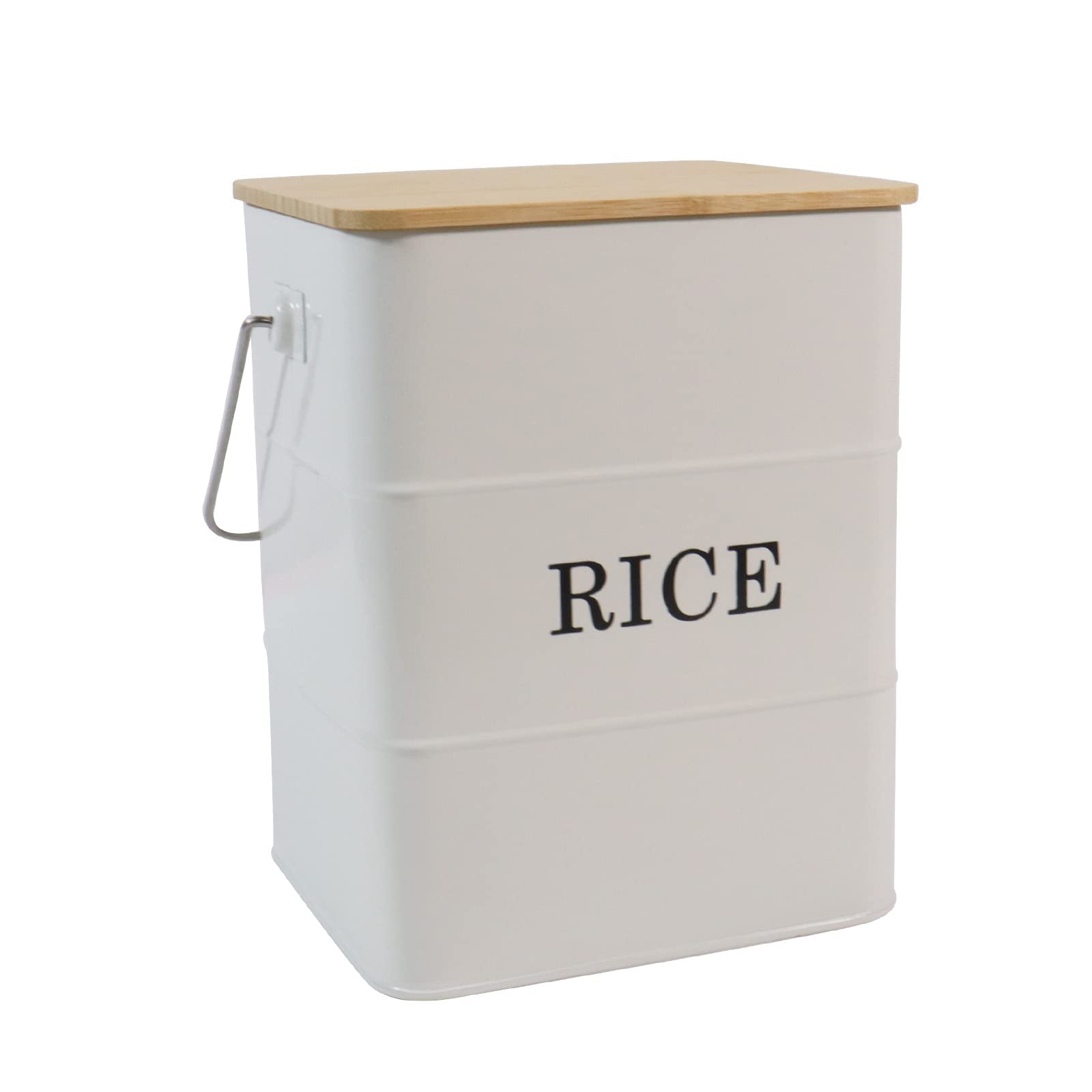 Airtight Metal Rice Storage Bin with Bamboo Lid & Scoop - Food Storage Container for Rice, Flour, Soybean, Grain & Cereal - Perfect for Kitchen Pantry Organization & Bulk Food Storage (White)