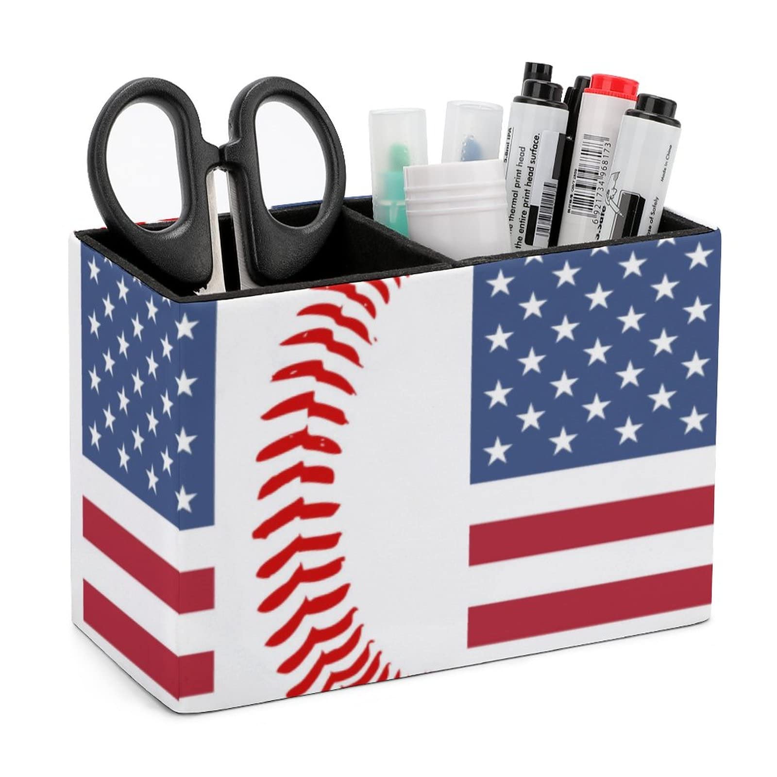 USA Flag Baseball Lace PU Leather Pen & Pencil Holder - Desk Organizer Case for Office, School & Home - Patriotic Stationery Storage Box with American Flag Print