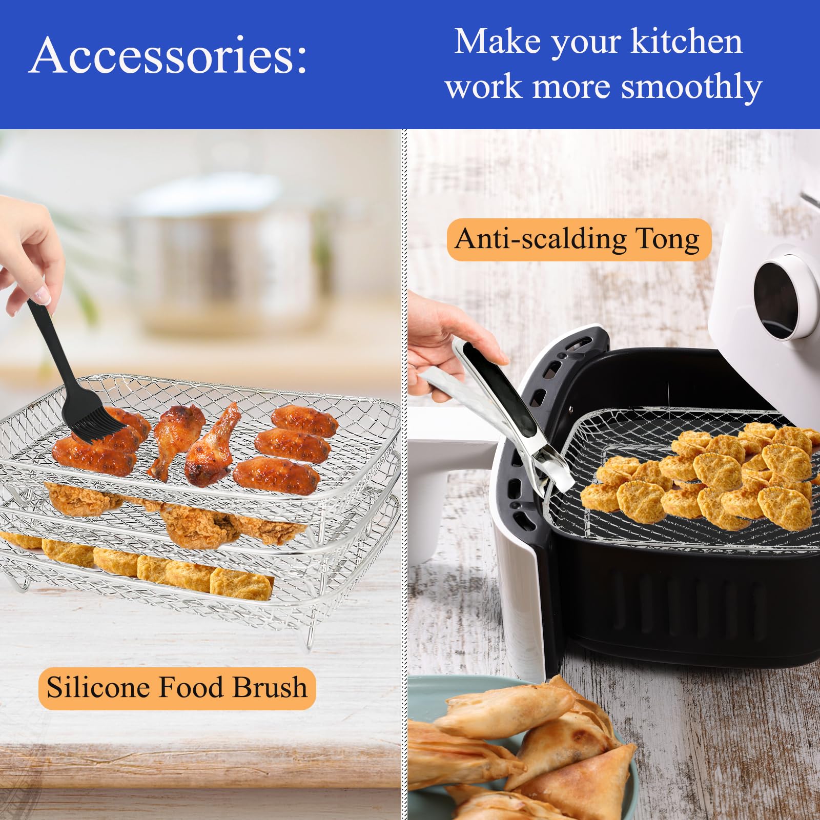 Magla Rectangle Air Fryer Rack Set - Compatible with Ninja Air Fryer Dual AF300UK, AF400UK, DZ201, DZ401 | Includes 8 Extendable Feet & Air Fryer Basket | Premium UK Brand | Perfect for Cooking Chicken Wings, Fries & Healthy Meals