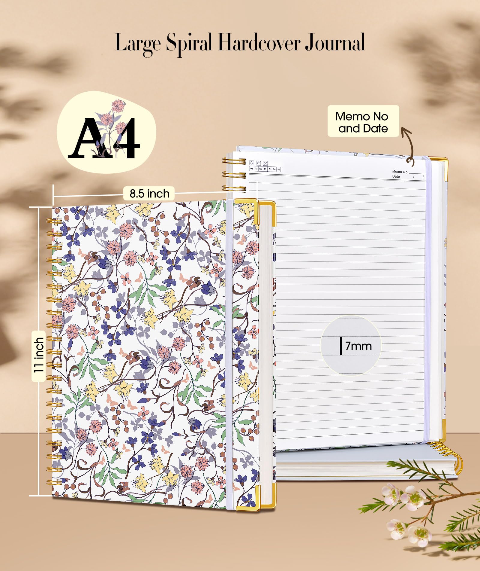 Premium Spiral Notebook for Women - 200 Page Lined Journal with Floral Design, 8.5