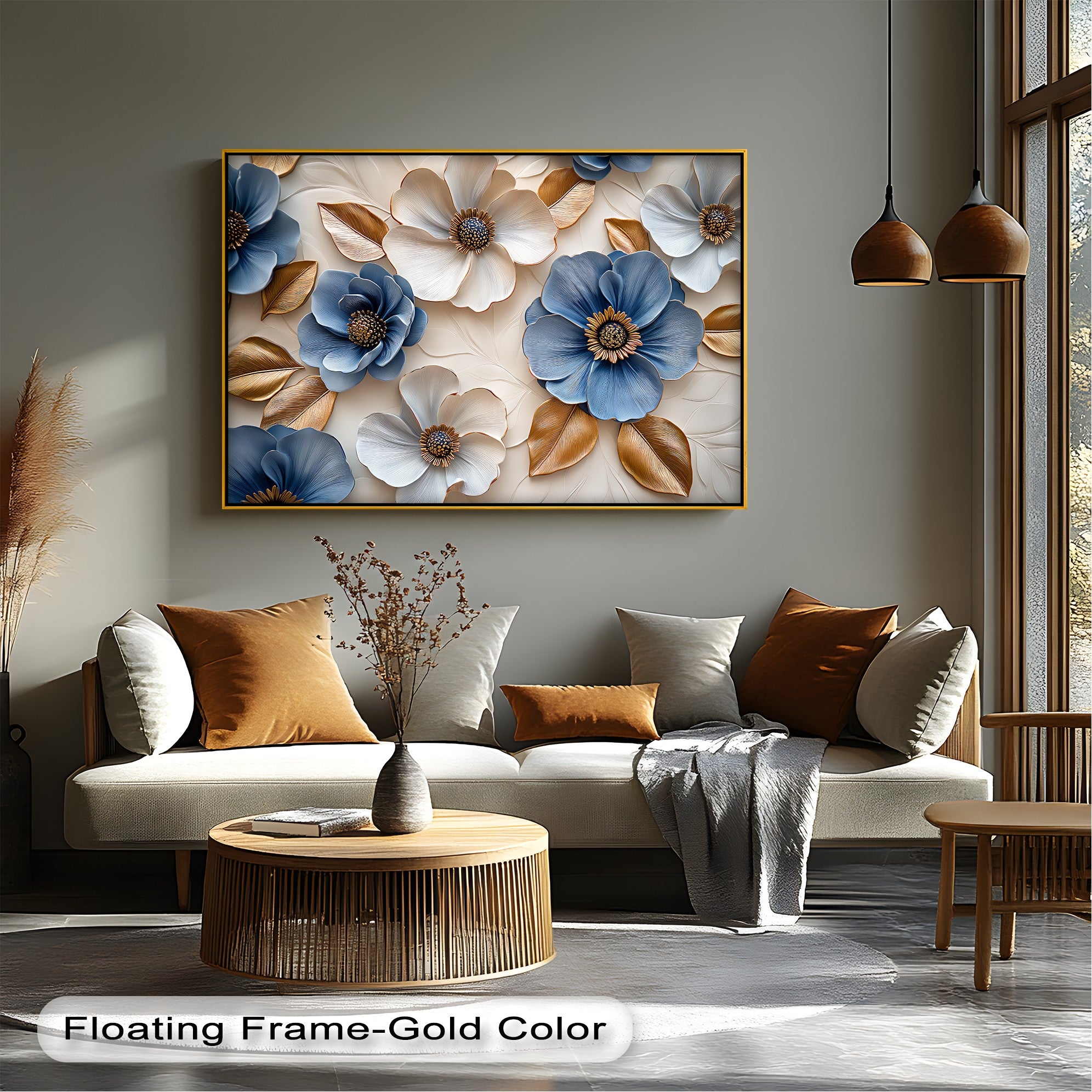 Blue and Gold Floral Canvas Wall Art - Elegant Home Decor for Living Room, Bedroom & Office | Premium Hand-Painted Modern Painting