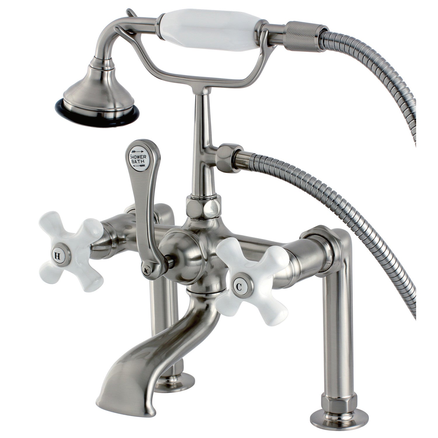 Vintage Style 3-Handle 2-Hole Deck Mount Clawfoot Bathtub Faucet with Hand Shower in Brushed Nickel - Perfect for Classic Bathroom Renovations & Luxury Spa Experience