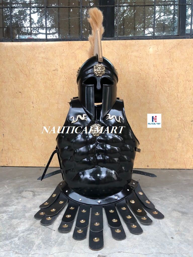 Greek Corinthian Helmet with Muscle Armor - Black Antique Finish - Spartan Warrior Costume, LARP, Cosplay & Historical Reenactment
