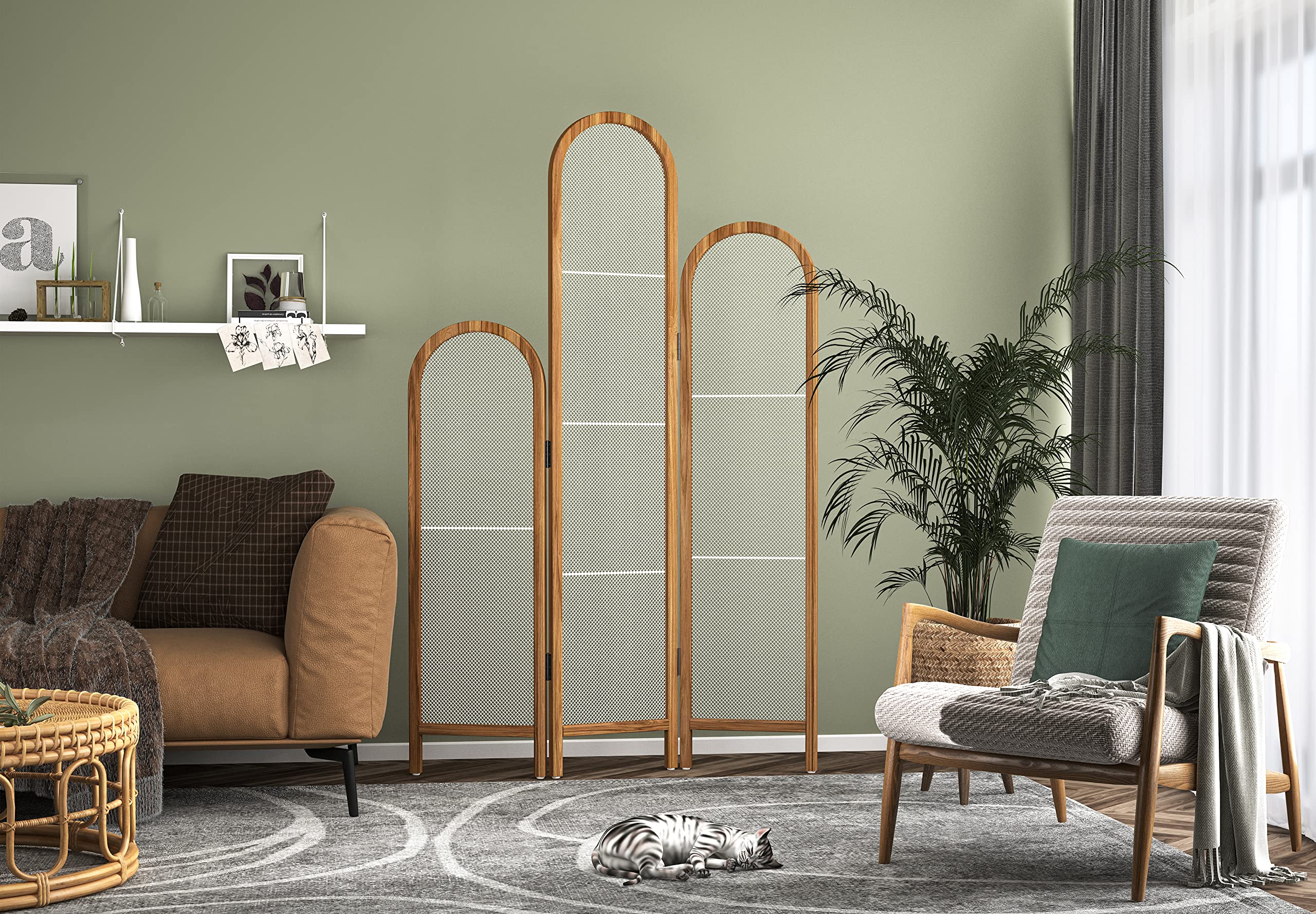6.2 Ft Tall Wood Room Dividers with Mesh - 3 Panel Folding Privacy Screens for Home & Office - Freestanding Partition Wall Dividers in Brown - Perfect for Living Room, Bedroom, and Workspace Separation