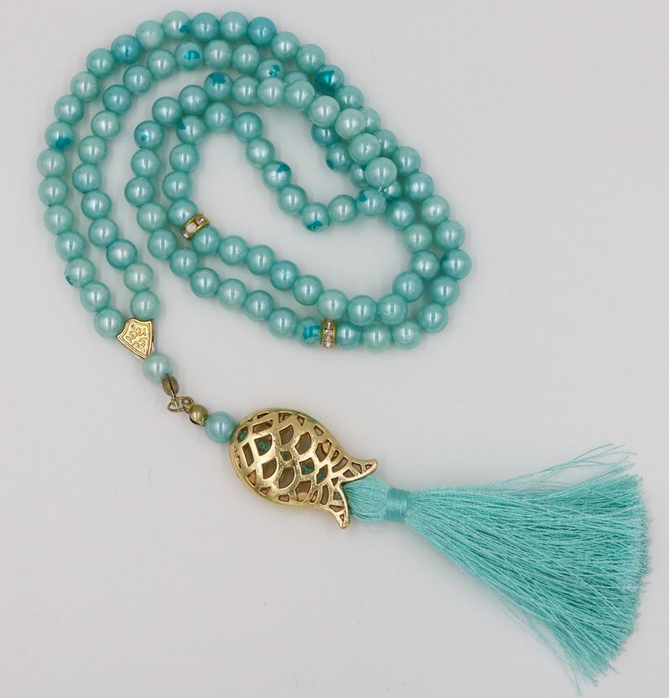 Premium Islamic Tesbih - 99 Count Acrylic Pearl Prayer Beads with Elegant Tulip Tassel in Turquoise | Perfect for Muslim Prayer, Meditation, Zikr & Spiritual Gifts