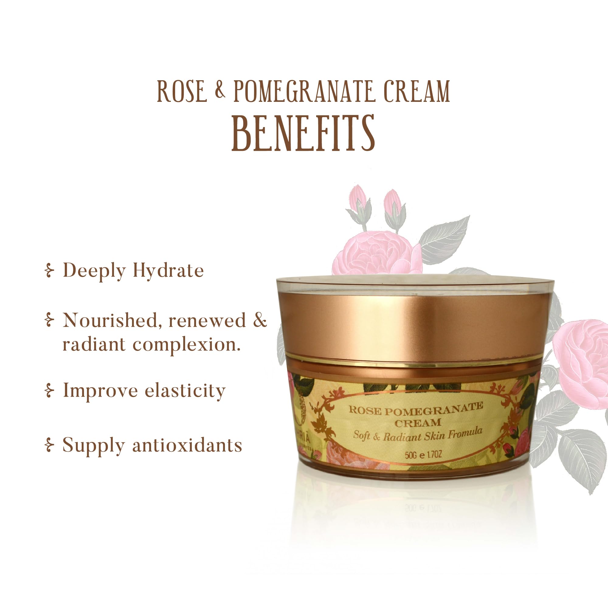 Ohria Ayurveda Rose & Pomegranate Face Cream with Almond, Ashwagandha & Wheat Germ Oil - Radiant & Softening Moisturizer for All Skin Types | 15g | Perfect for Daily Skincare Routine & Nighttime Hydration