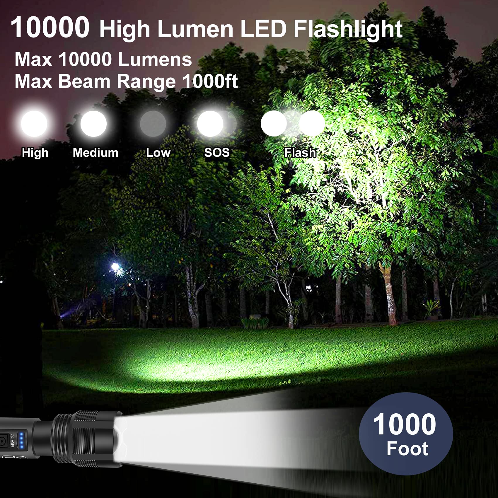 10000 Lumens Rechargeable Tactical Flashlight - Mini Handheld LED Flashlight with 3000mAh Battery, 5 Lighting Modes, Zoomable & IPX8 Waterproof - USB Charging Emergency Light for Camping, Hiking, Dog Walking, Power Outages & Outdoor Adventures