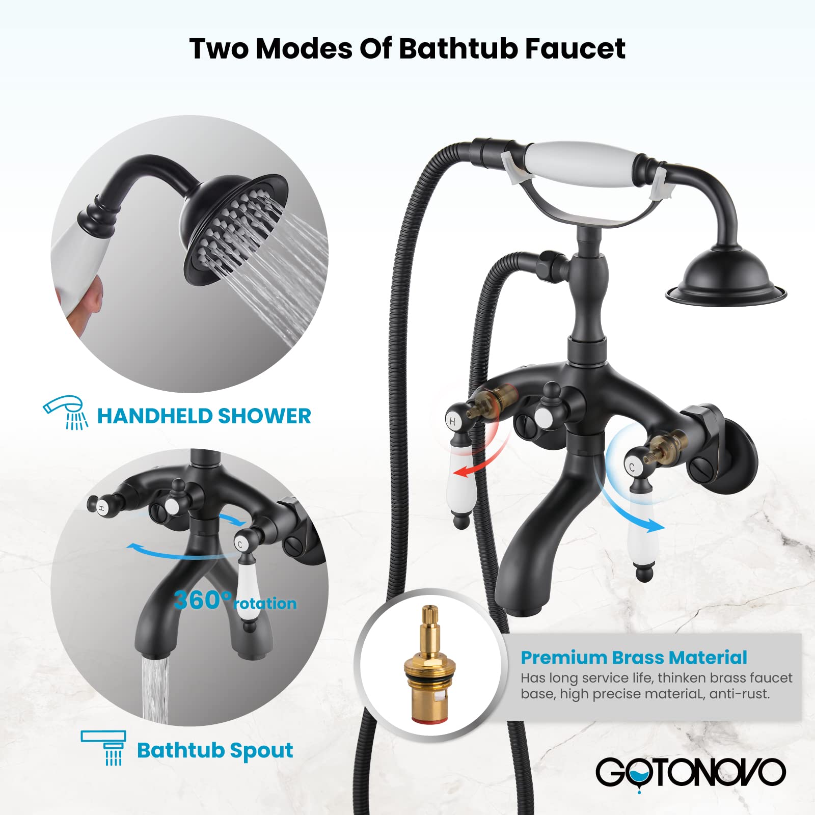 Gotonovo Matte Black Clawfoot Tub Shower Faucet System - Double Handle Wall Mount Bronze Ceramic Telephone Shaped Faucet with Hand Shower Sprayer for Vintage Bathroom & Luxury Spa Experience