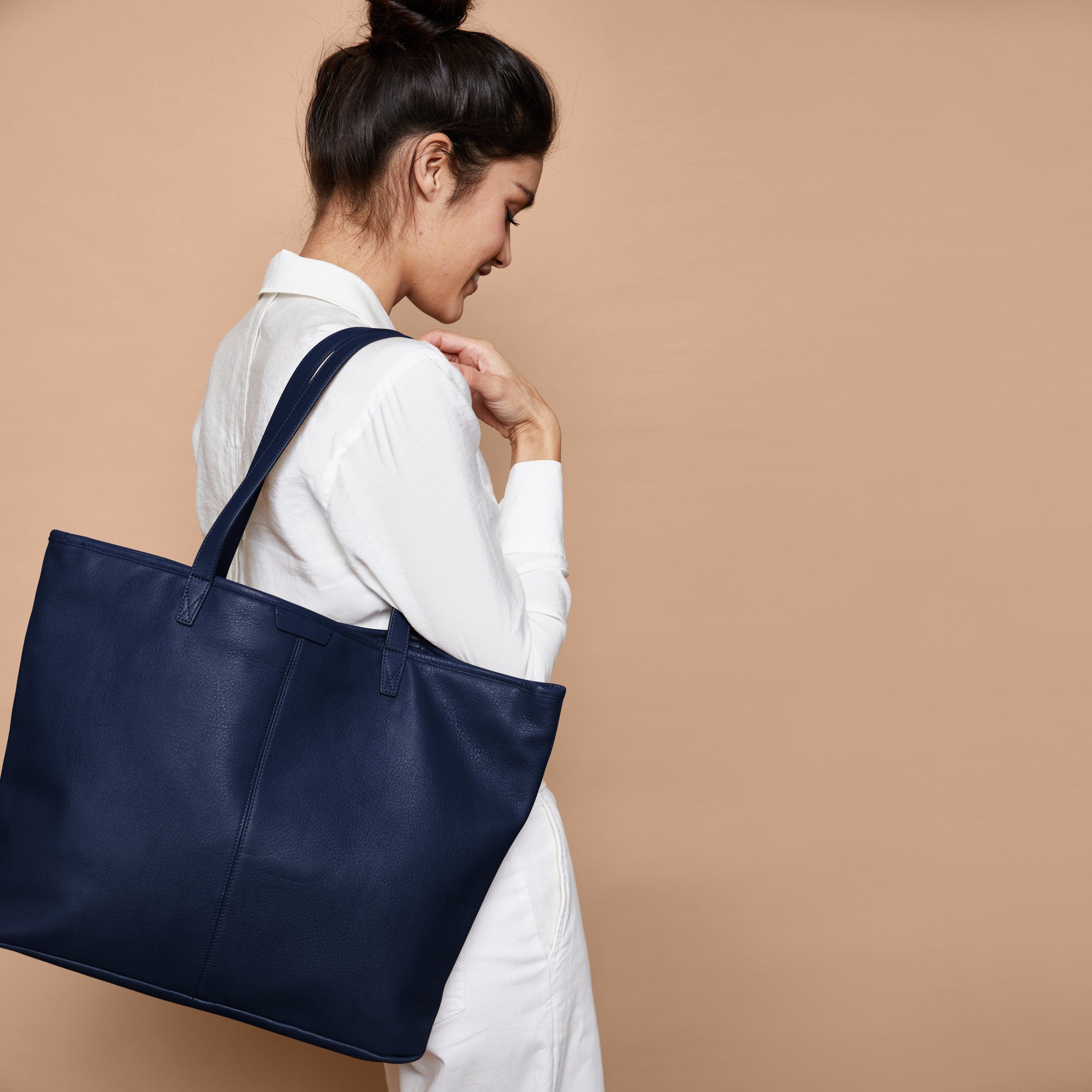 Large Zippered Downtown Tote Bag for Women - Navy Blue Waterproof Work Tote - Perfect for Office, Commute & Travel