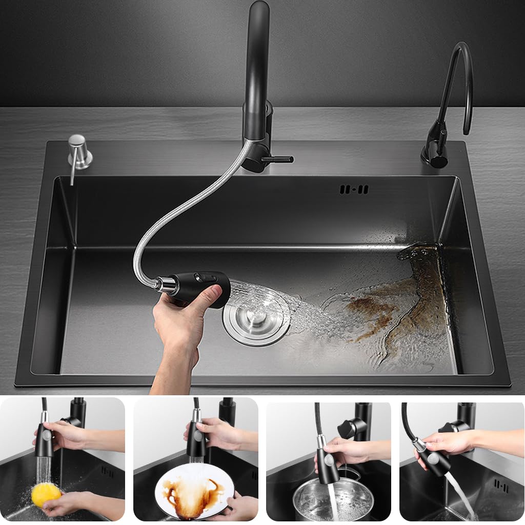 Premium Black Stainless Steel Single Bowl Kitchen Sink - 21.7