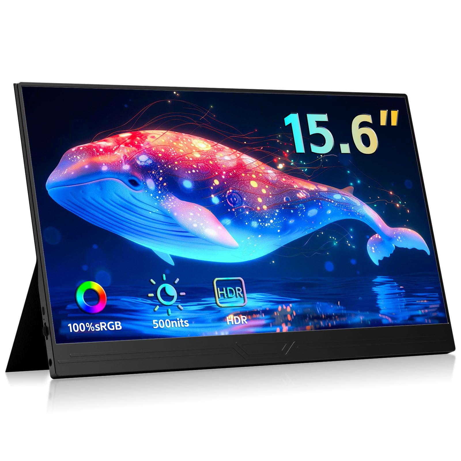 15.6 Inch Portable Monitor - 100% sRGB FHD IPS Display, 1920x1080 HDR with HDMI & Type-C for Laptop, PC, Mac, Switch, Raspberry Pi - Perfect for Work, Gaming & Travel