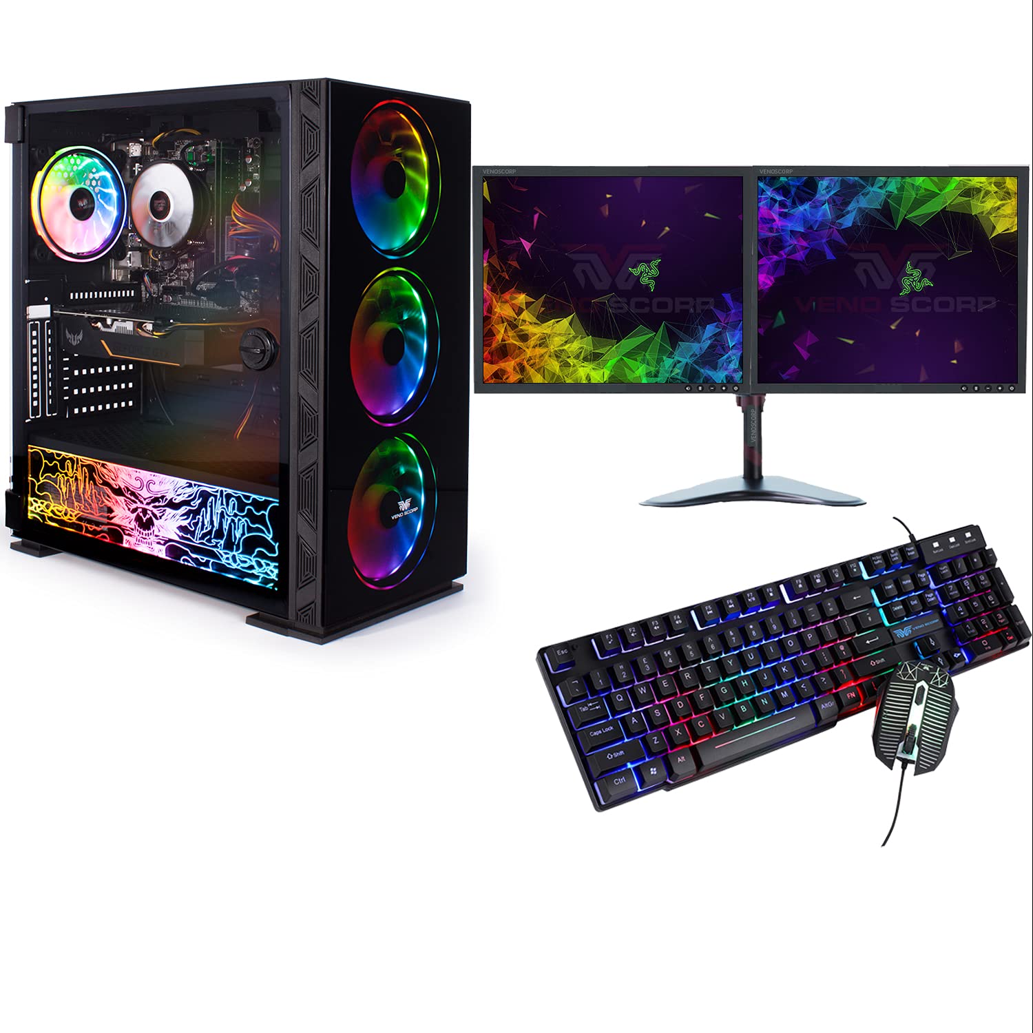 Veno Scorp ARGB Gaming PC Set - Intel i5, 240GB SSD + 500GB HDD, 8GB RAM, Dual 19