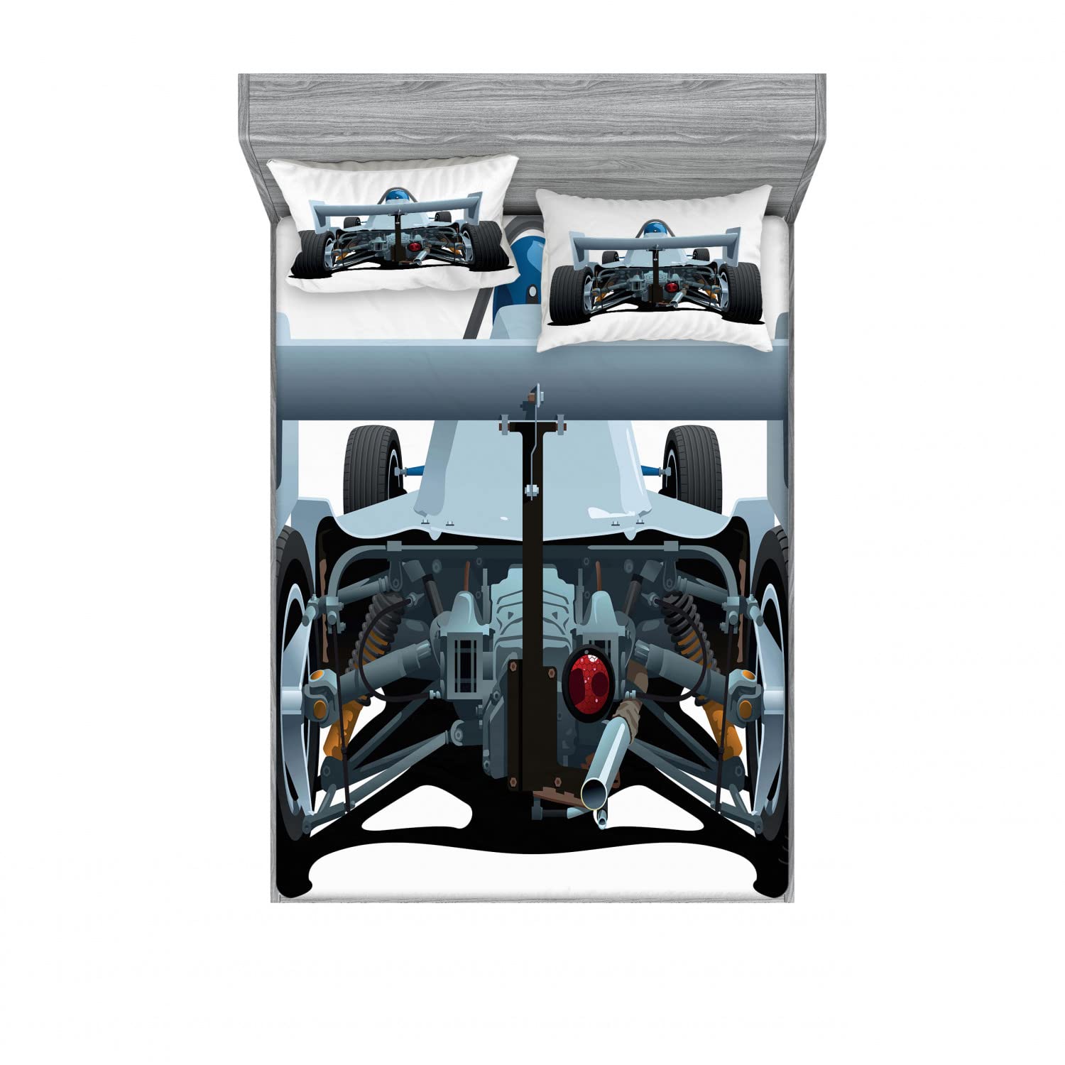 Ambesonne 2-Pack Queen Size Fitted Sheet & Pillow Sham Set - Super Fast Vehicle Print Bedding Collection (4-Piece: 2 Fitted Sheets + 4 Pillow Covers) in Blue-Grey, White & Black | Perfect for Race Car Themed Bedrooms, Kids' Rooms & Automotive Enthusiasts