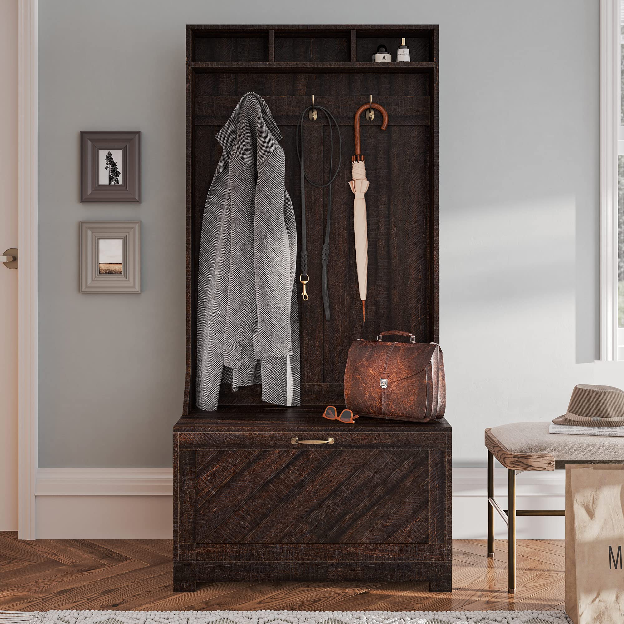 BELLEZE 3-in-1 Entryway Hall Tree with Coat Rack, Storage Bench & Shoe Organizer - Freestanding Entry Storage Furniture for Small Spaces - Hilo Espresso Finish - Perfect for Mudroom, Foyer or Apartment Entryway Organization