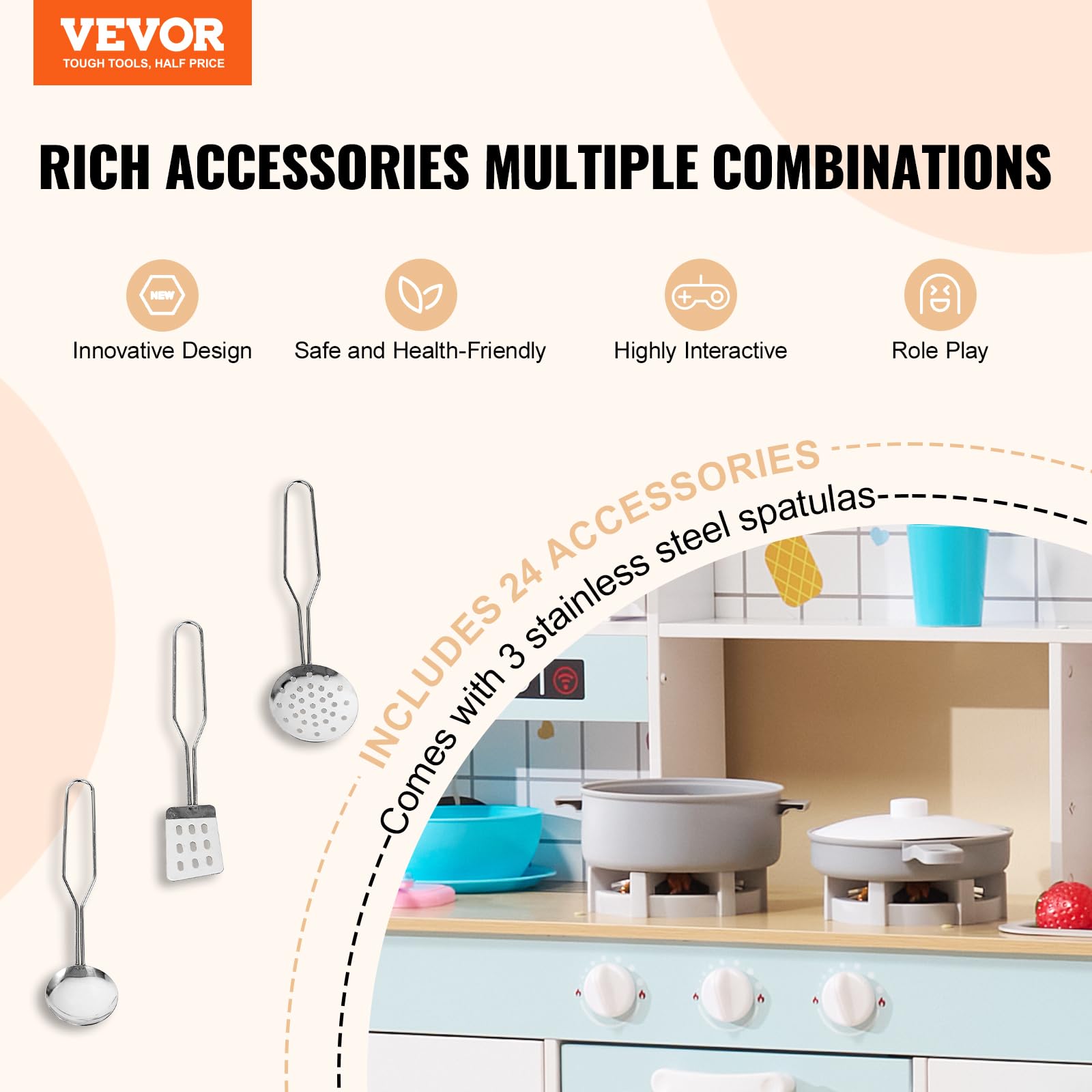 VEVOR Wooden Play Kitchen Set for Kids Ages 3-8 - Interactive Toy Kitchen with Realistic Lights, Sounds, Ice Maker, Oven, Sink, Microwave & Fridge - Includes Cooking Utensils & Fruit Accessories - Perfect for Pretend Play, Role Playing & Early Learning (White)