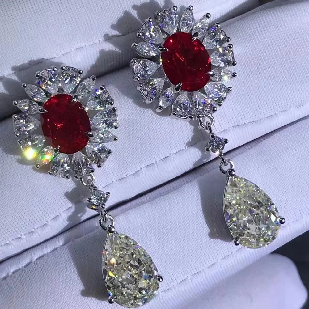 WUIHA 925 Sterling Silver Platinum Plated 12CT Ruby & Sapphire Moissanite Drop Earrings for Women - Elegant Dangle Jewelry Gift for Birthday, Anniversary & Special Occasions