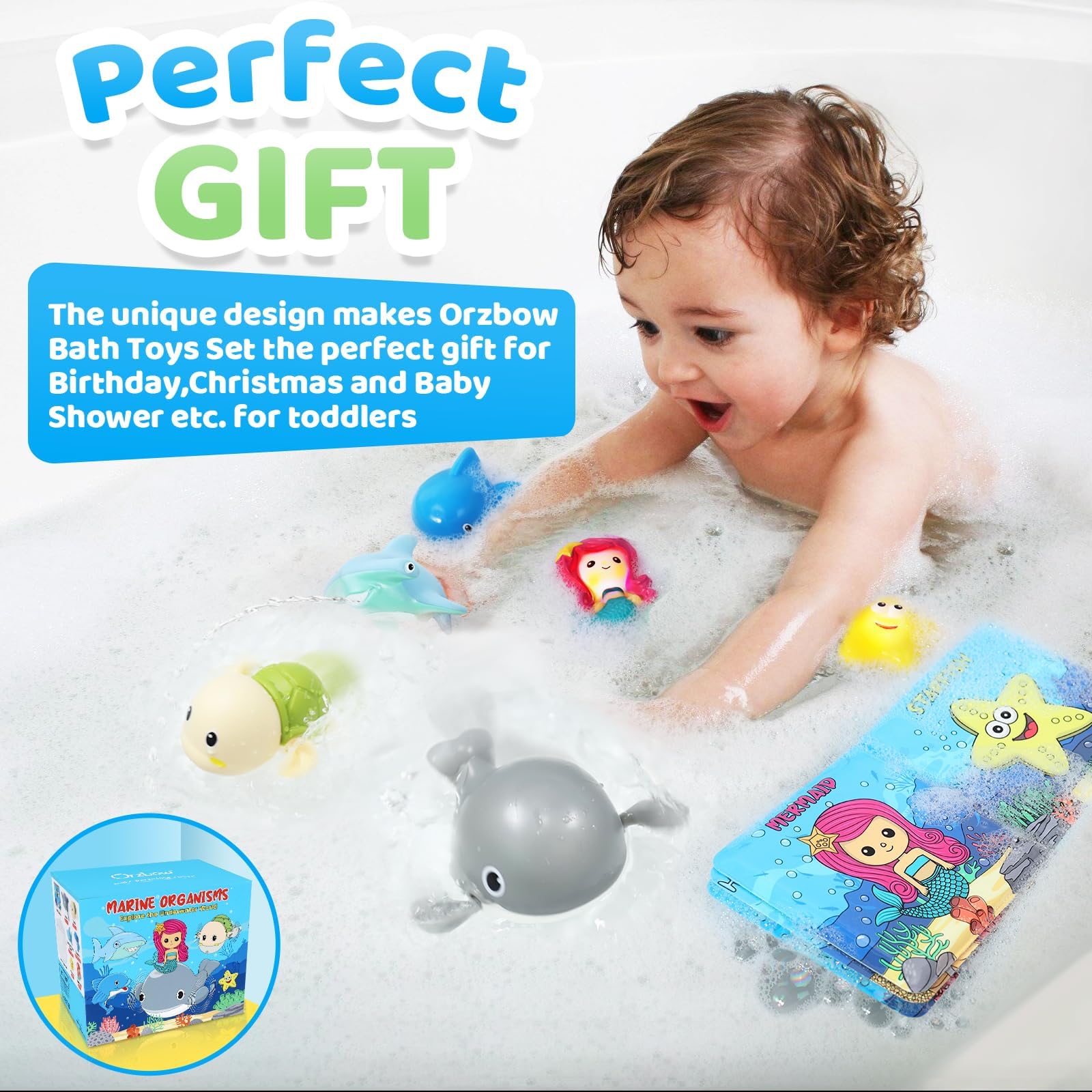 Orzbow Light Up Whale Bath Toys for Toddlers & Kids - Wind Up Water Toys for Babies 1-3 Years, Fun Spray Bathtub Toys with Bath Book & Mesh Organizer - Ocean Animal Set for Baby Pool & Bath Time Play