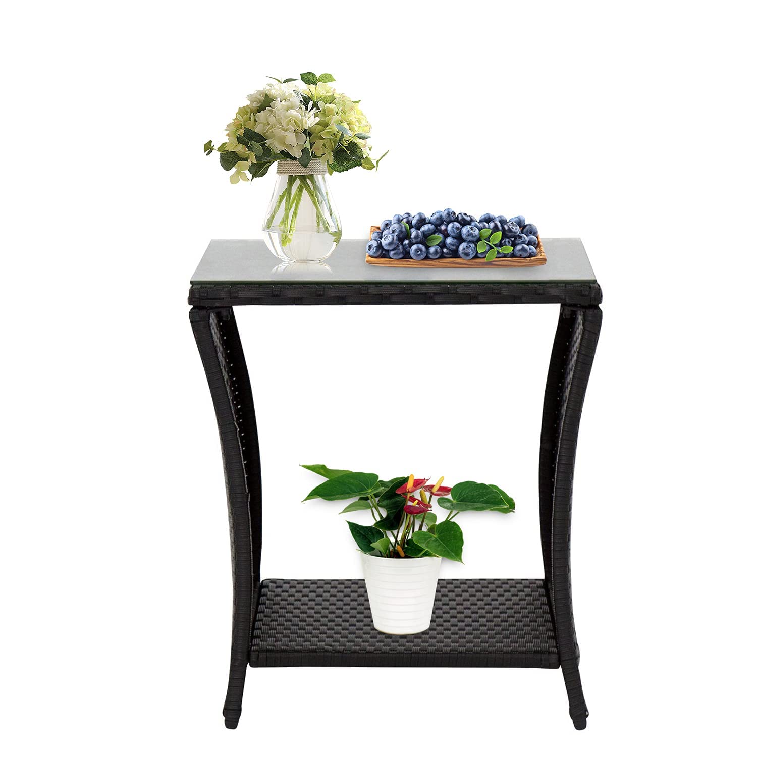 JSUN7 Outdoor Wicker Side Table with Storage & Glass Top - Square Patio Bistro Table for Courtyard, Balcony, Garden - Weather-Resistant Outdoor Furniture for Coffee, Drinks & Relaxation