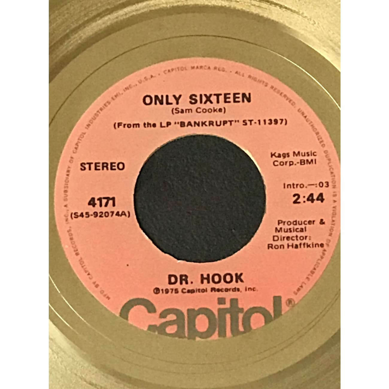 Dr. Hook Only Sixteen RIAA Gold 45 Award - Vintage Music Collectible - Perfect for Vinyl Enthusiasts & Retro Music Displays