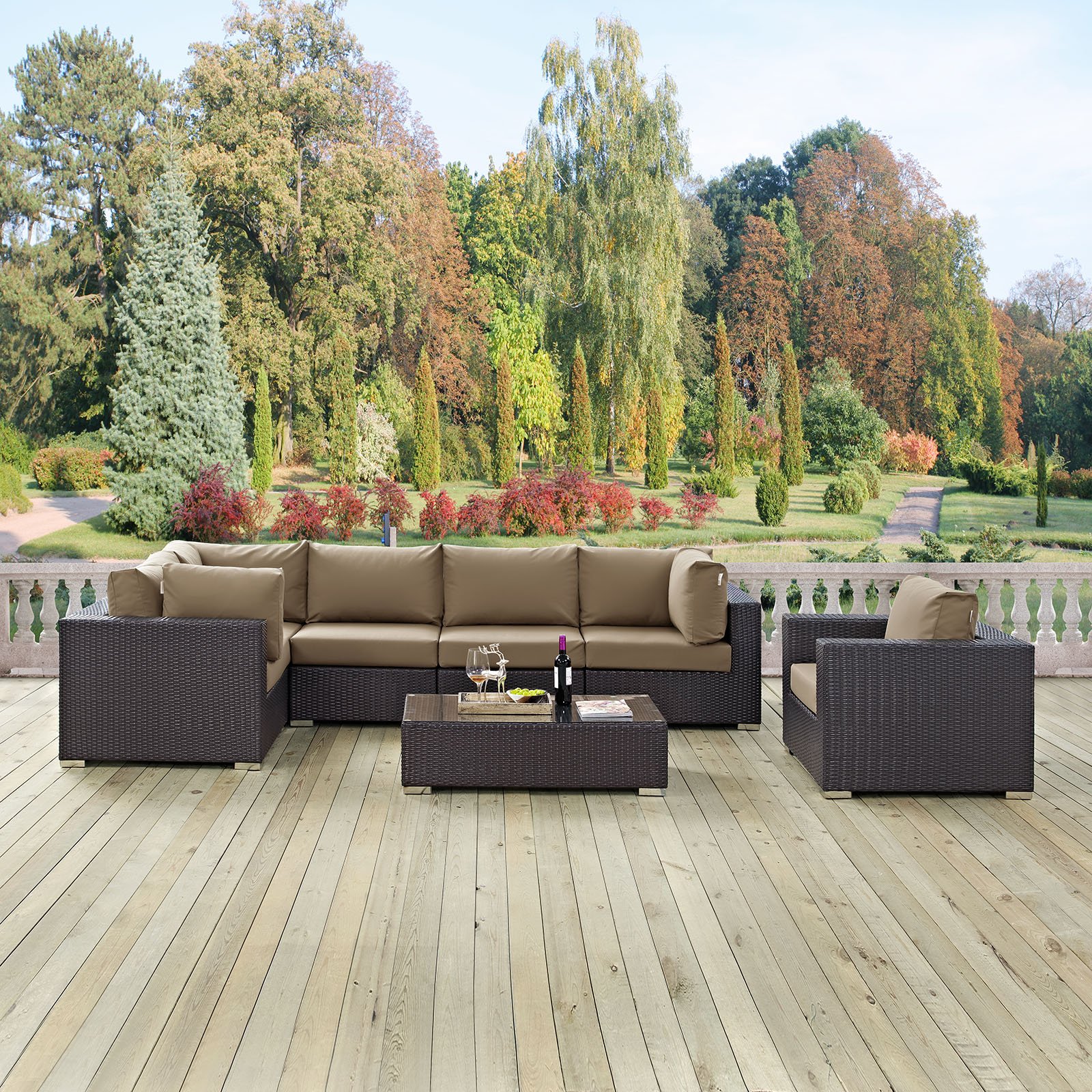 Modway Convene 7-Piece Wicker Rattan Outdoor Patio Sectional Sofa Set - Espresso Mocha Brown - Durable All-Weather Furniture for Backyard, Poolside & Garden Relaxation