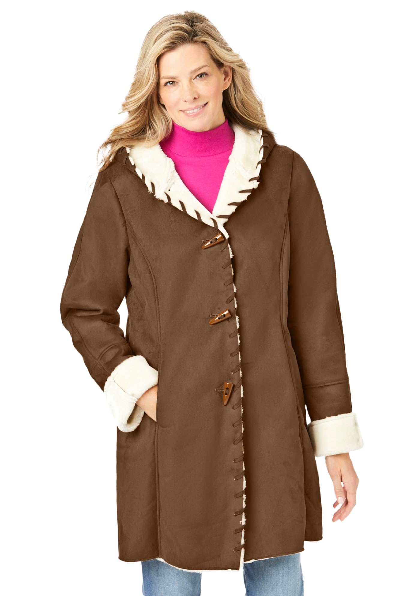 Woman Within Women's Plus Size Faux-Shearling Toggle Coat - Warm Winter Jacket for Curvy Women | Perfect for Cold Weather, Outdoor Activities & Casual Outfits