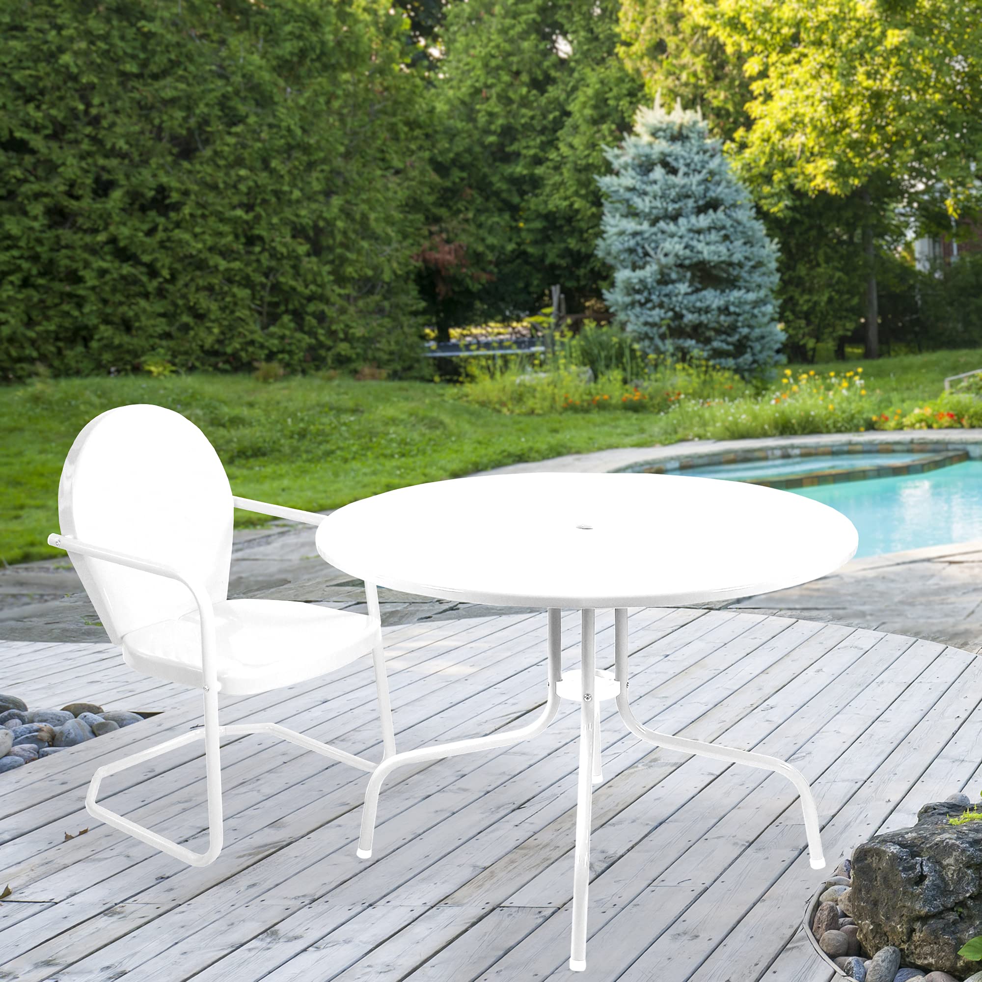 Vintage White Metal Tulip Outdoor Dining Table - 39.25 Inch Retro Patio Table for Garden, Poolside & Backyard Dining | Weather-Resistant Aluminum Alloy