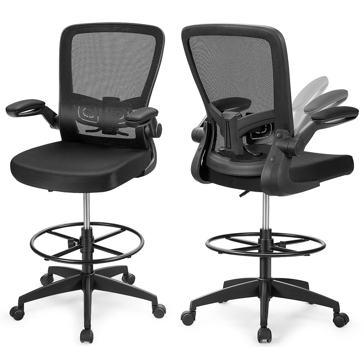Giantex Ergonomic High Back Drafting Chair with Footrest - Adjustable Height, Flip-Up Armrests & Lumbar Support - Mesh Office Chair for Architects, Designers & Tall Users - Perfect for Home Office, Studio & Computer Workstations