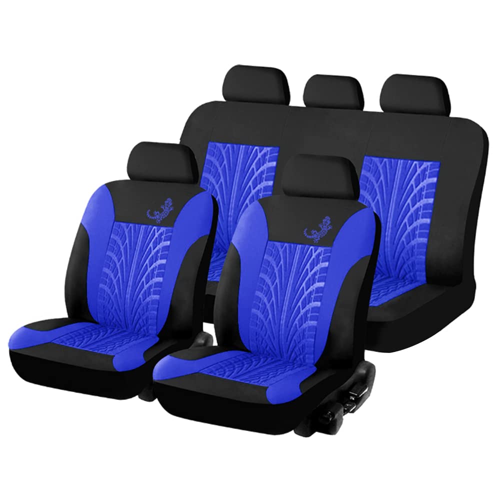 2009-2018 Seat Leon Car Floor Mats & Blue Polyester Cloth Bucket Seat Covers (5-Piece Full Set) - Perfect for Sedans, Trucks & SUVs - Durable Protection for Daily Commutes & Road Trips