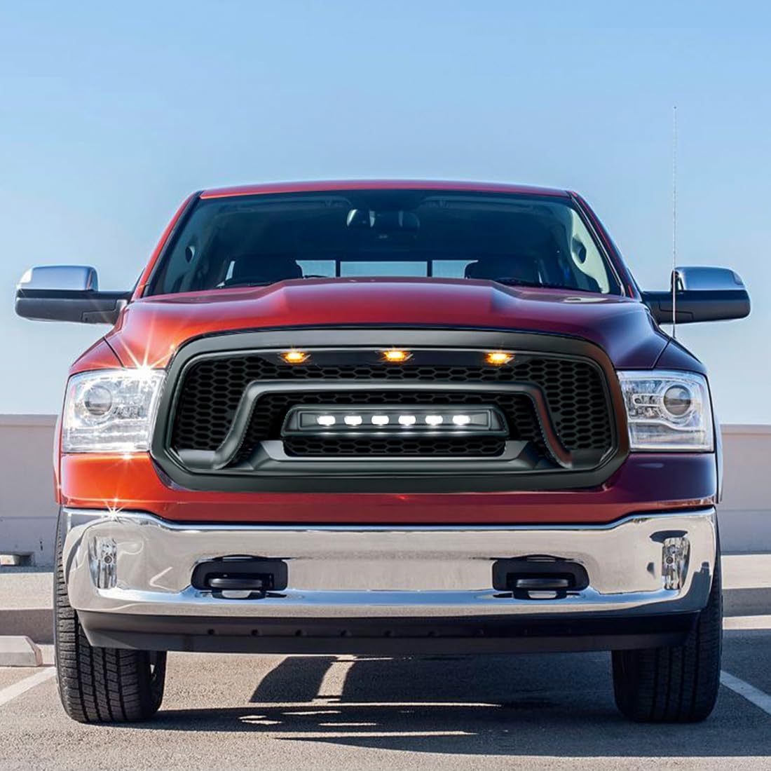 **Matte Black Front Grille for 2013-2023 Dodge Ram 1500 & Ram 1500 Classic | Off-Road Bumper Grill with LED Lights | Perfect for Off-Roading & Truck Customization**