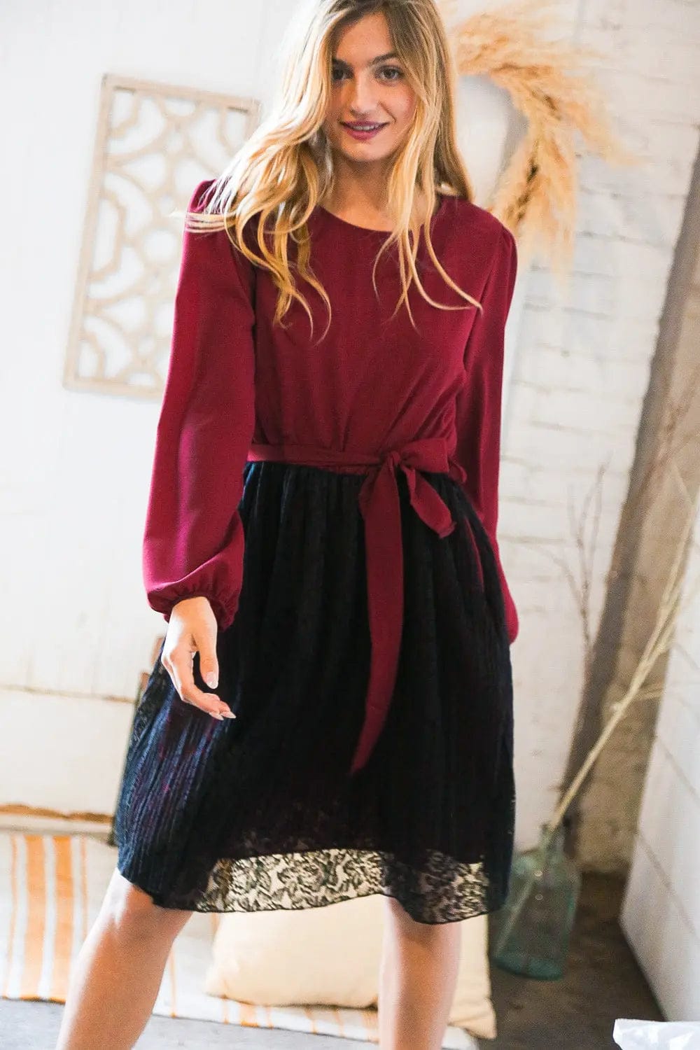 Elegant Maroon & Black Lace Overlay Sash Tie Dress for Women - Perfect for Cocktail Parties, Weddings & Special Occasions