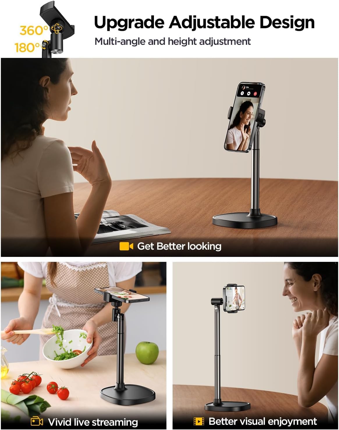 Adjustable Aluminum Alloy Phone Stand for Desk - Universal Retractable iPhone Holder for iPhone 16/15/Pro/Max/Plus - Perfect for Video Calls, Recording, Office & Home Use