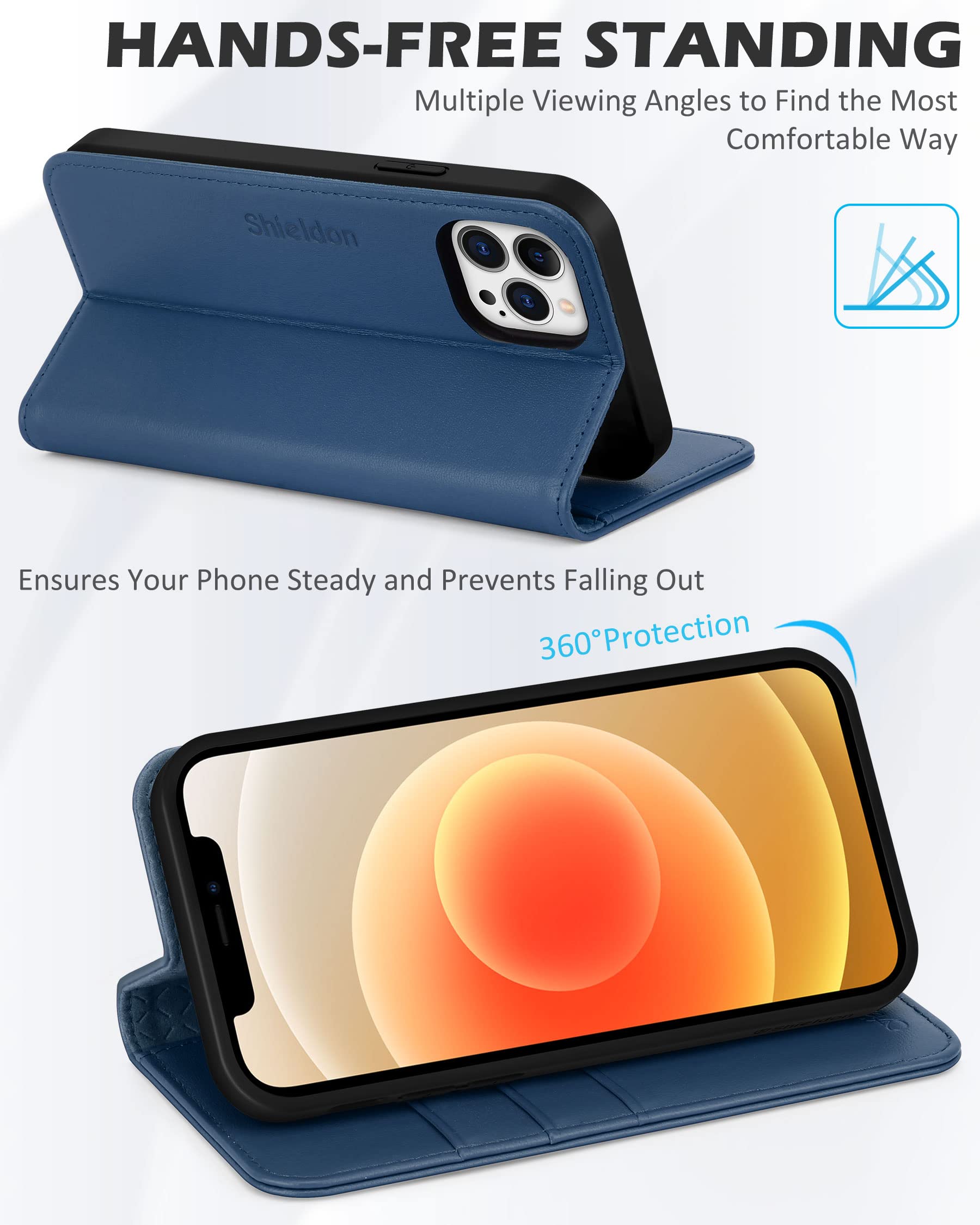 Premium SHIELDON Genuine Leather Wallet Case for iPhone 12 Pro Max (6.7 Inch) - RFID Blocking, Magnetic Folio with Kickstand & Card Holder - Royal Blue | Perfect for Business Travel, Daily Commute & Secure Contactless Payments